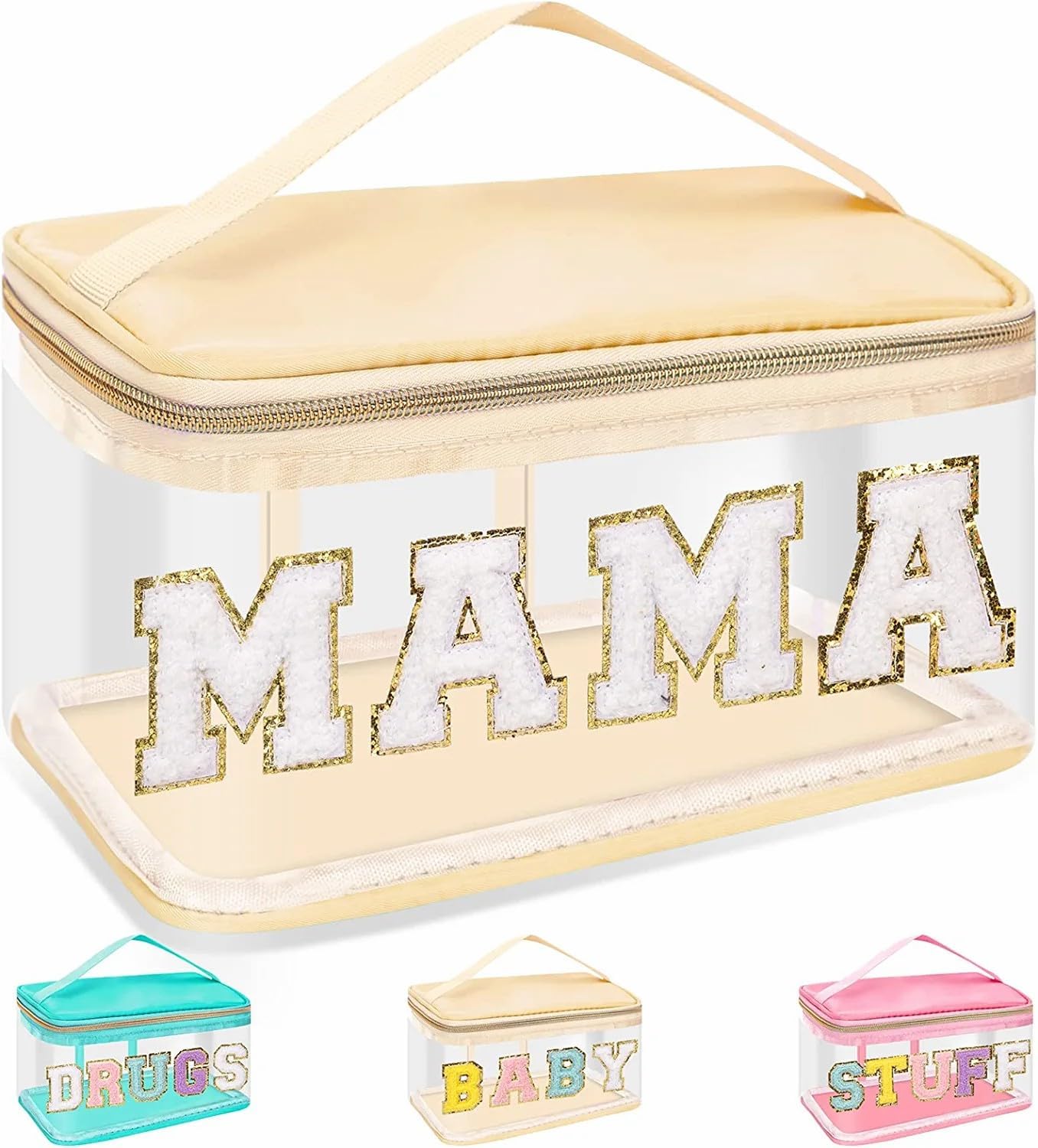 Clear Makeup Bag - Chenille Letter Hair Pouch | Waterproof Glitter Cosmetic Handbag for Travel - Green