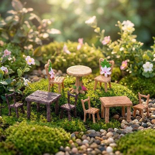 Resin Miniature Garden Figures and Decorative Crafts for Fairy Garden Outdoor Décor, 5 Sets Micro Resin Statue Table Chair Sets with Vintage Style, for Micro Landscape