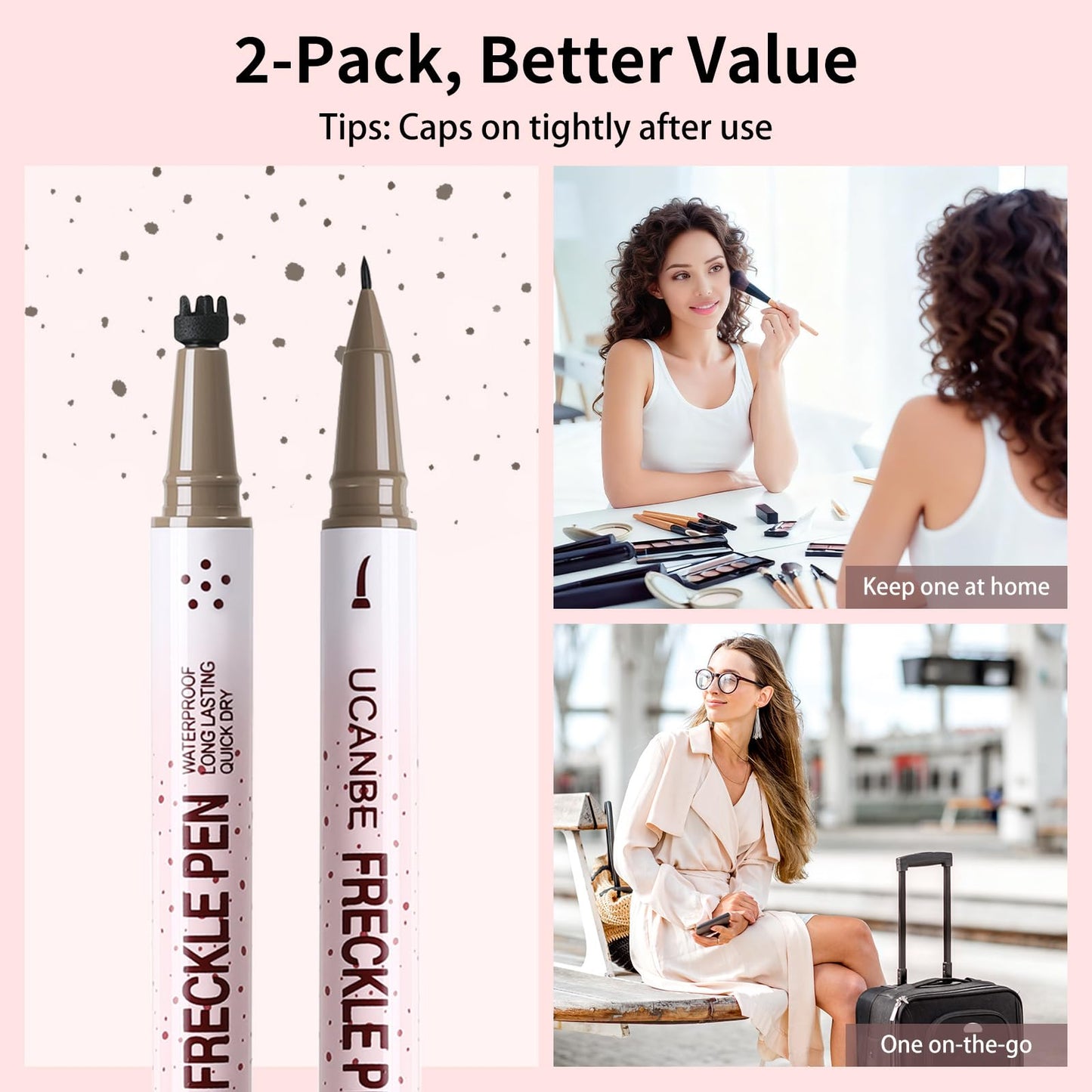 UCANBE 2PCS Dual-Ended Freckle Pen & Freckle Stamp - Precise 15° Curved Tip Makeup Waterproof & Smudge Proof, Long Lasting Faux Freckles Pencils (01 Light Brown)