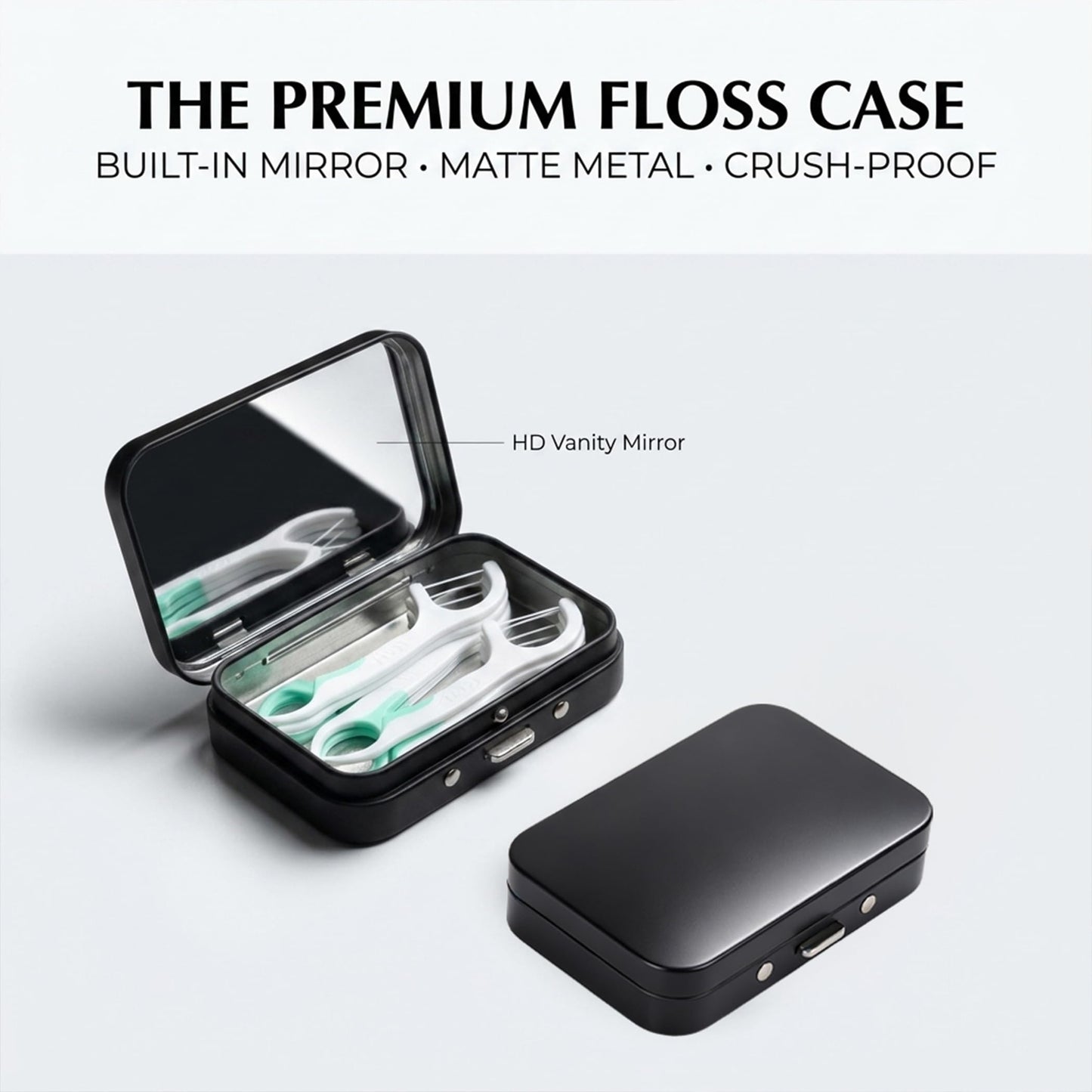 LIGHUFEIC 2Pack Dental Floss Portable Case with Mirror,Refillable Portable Floss Pick Holder Container,Small Floss Dispenser for Travel, Dates,Dinners and Hotels(Black)