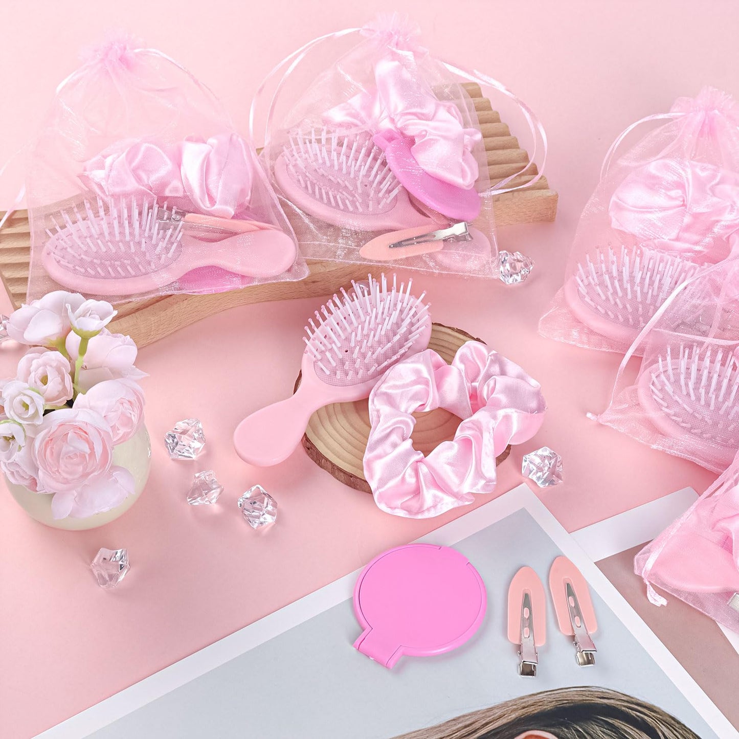 YPJXBEST 60 Pcs Makeup Party Favors, Including Hair Brushes, Elastic Scrunchies, Pocket Cosmetic Mirrors, And Organza Bags, Hair Clips Accessories(pink)