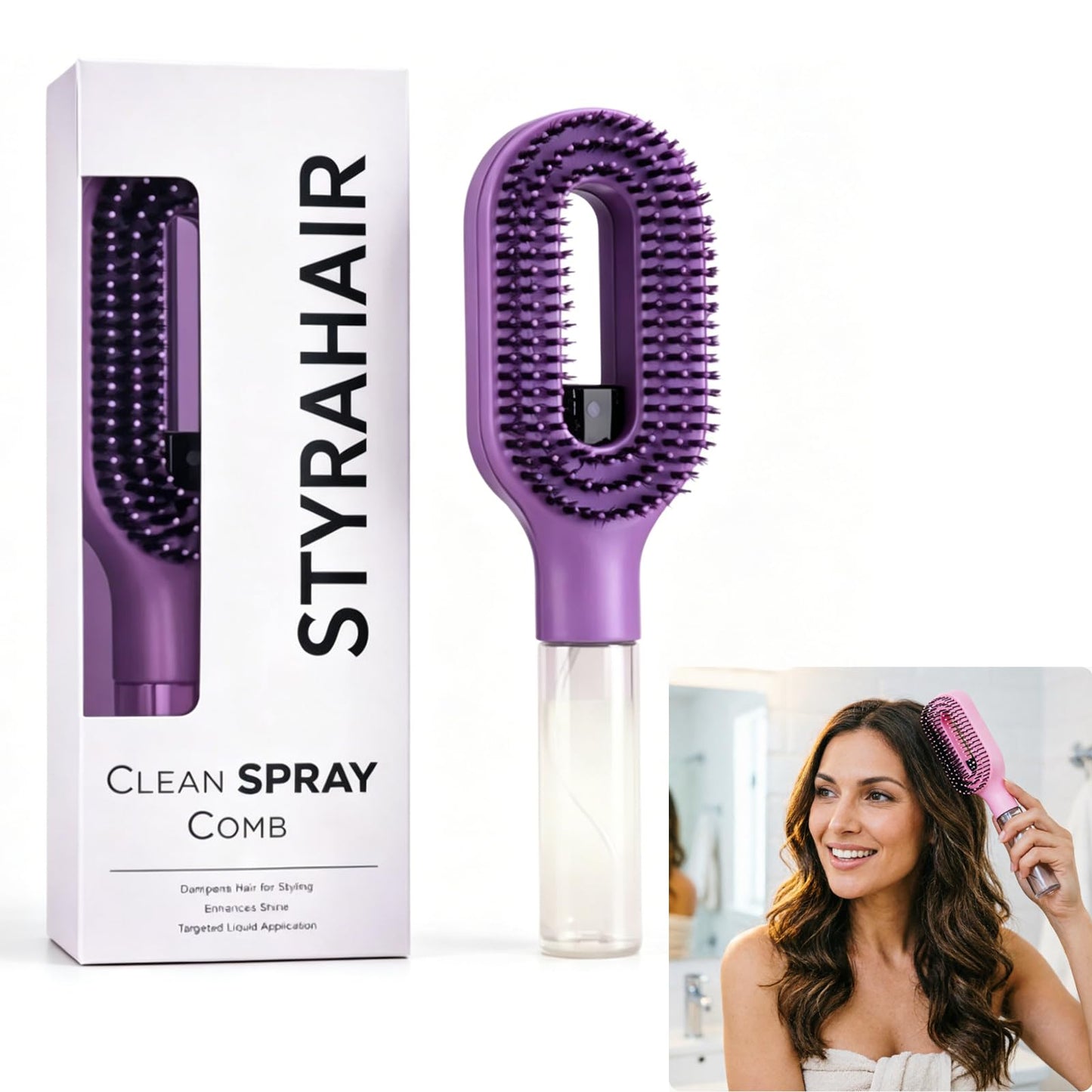 2-in-1 Detangler Hair Brush, With Built-In Mister Spray, Wet & Dry Detangling Brush for Curly, Wavy & Straight Hair | No-Tangle Anti-Frizz Hair Care Brush,Water Reservoir 50ml. (Purple)