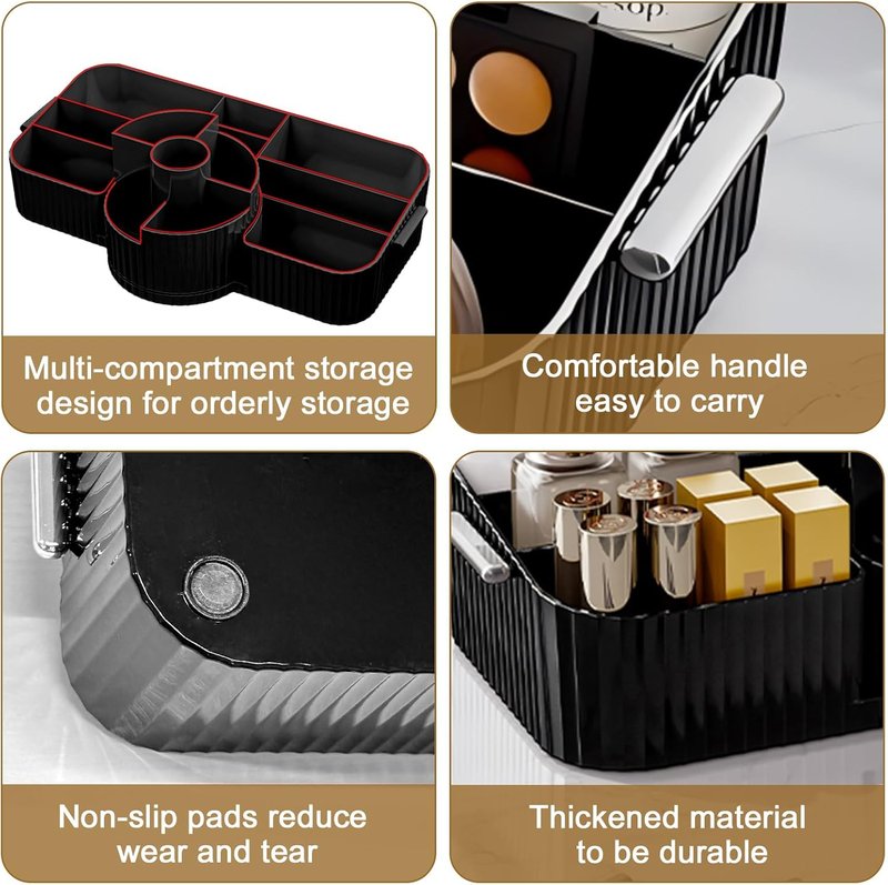 Large Makeup Brush Holder - Rotating Vintage Striped Cosmetic Organizer for Bathroom & Vanity | Black