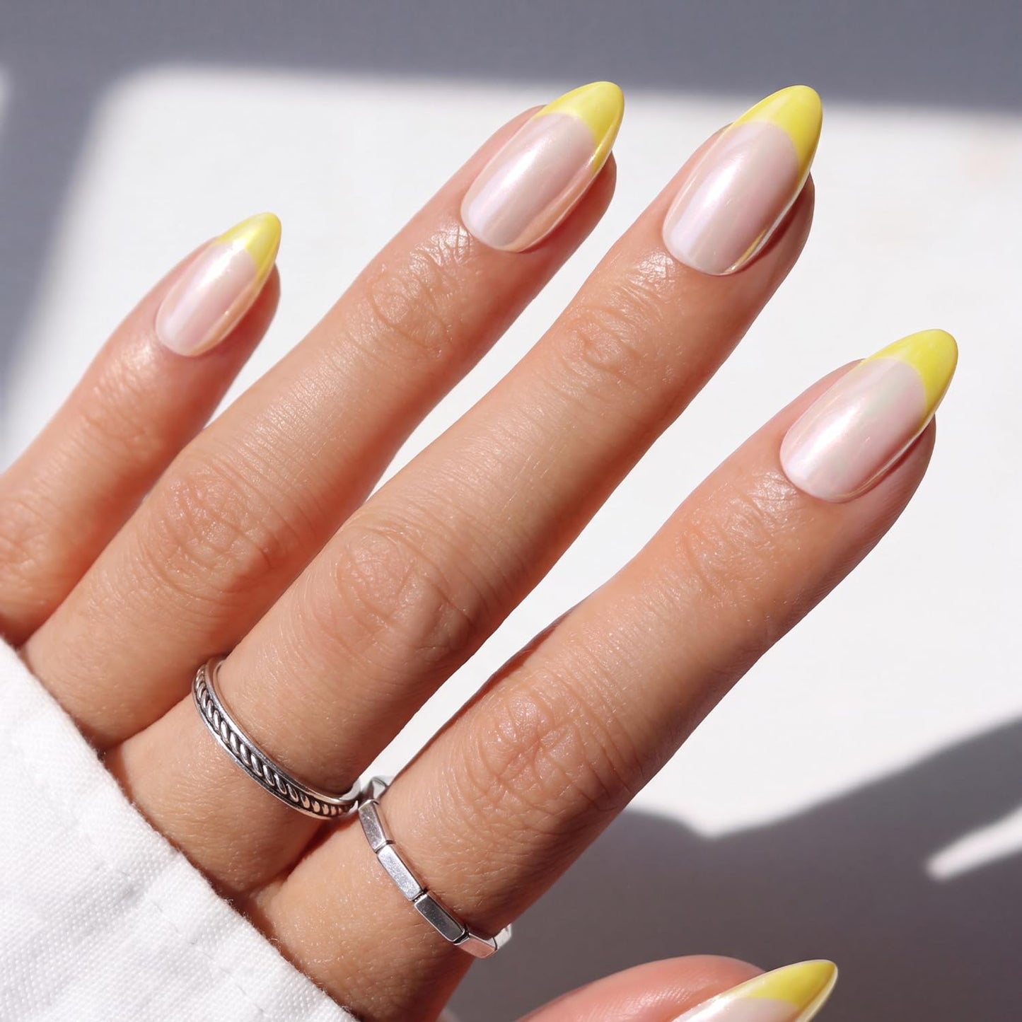 ohora Gel Press On Nails (NP Lemon Chrome) | Medium Almond, Chrome French, Yellow | 100% Real Gel, No UV Lamp, No Glue, Non-Toxic | 15 Sizes, 30 Tips | 14-Day Waterproof, Beginner Friendly