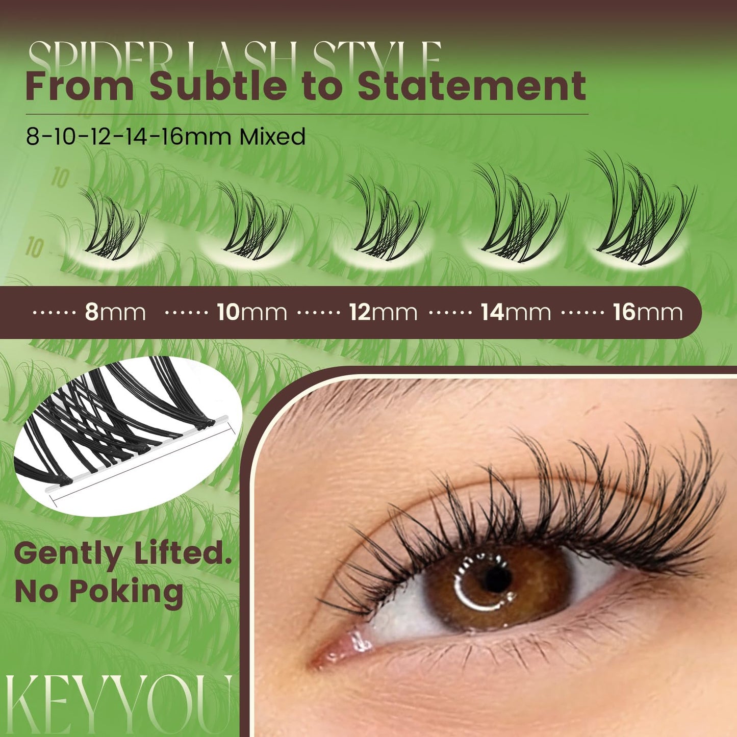 KEYYOU Spider Lash Clusters Breeze Wispy Eyelash Clusters Natural D Curl 8-16mm Clusters Eyelash Extension Invisible Band Spider Lashes for Daily Makeup