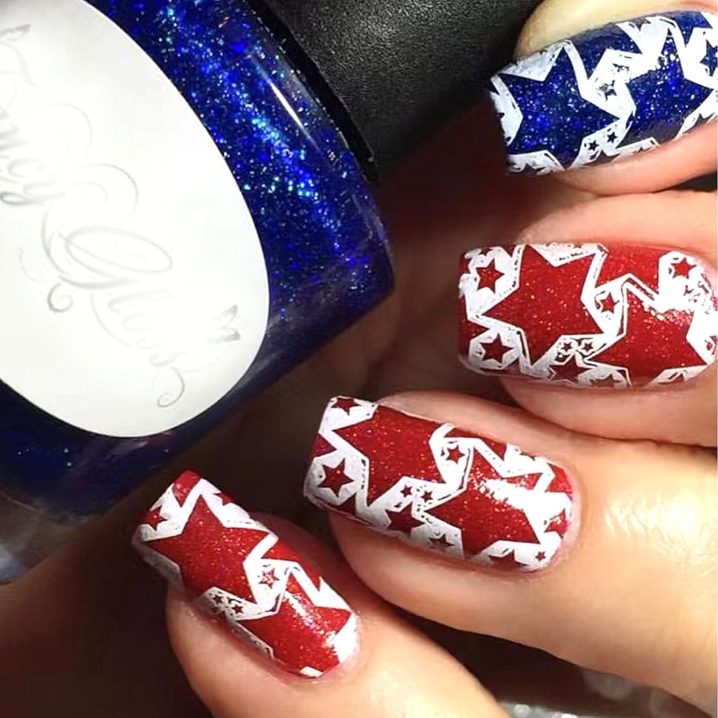 Press On Nails - Short Square Red, White & Blue Acrylic Nails with Glitter Stars | 4th of July Designs, 24 Pcs