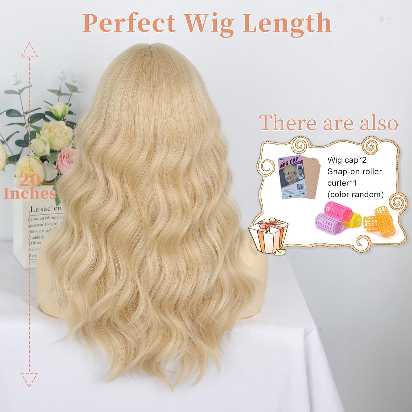 Blonde Wigs for Women - Long Wavy Curly Synthetic Wig with Bangs | Heat Resistant 20 Inch