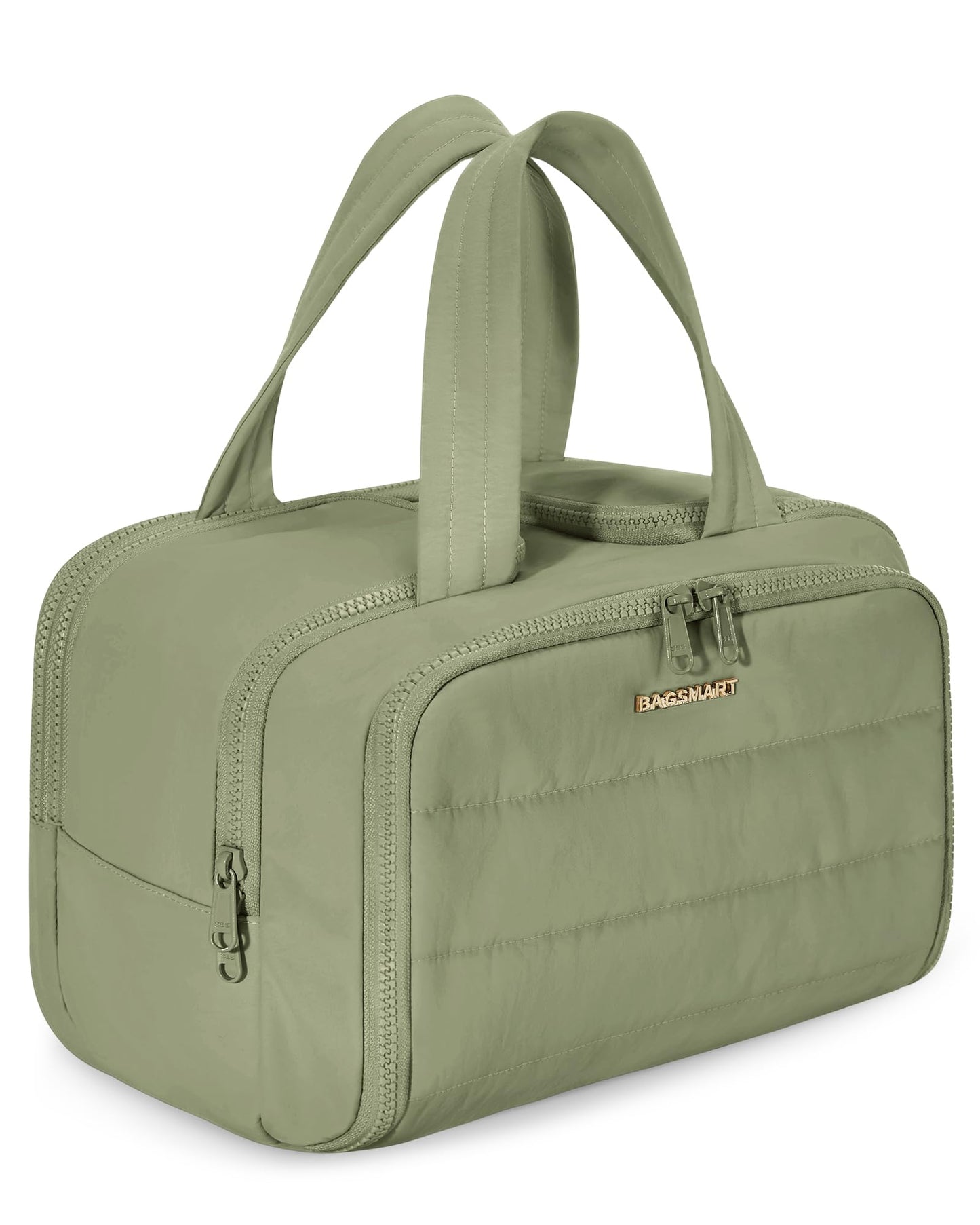 BAGSMART Travel Toiletry Bag, Lightweight Large Wide-open Travel Bag for Women, Puffy Cosmetic Makeup Bag Organizer with Handle for Accessories,Essentials, Toiletries, Green