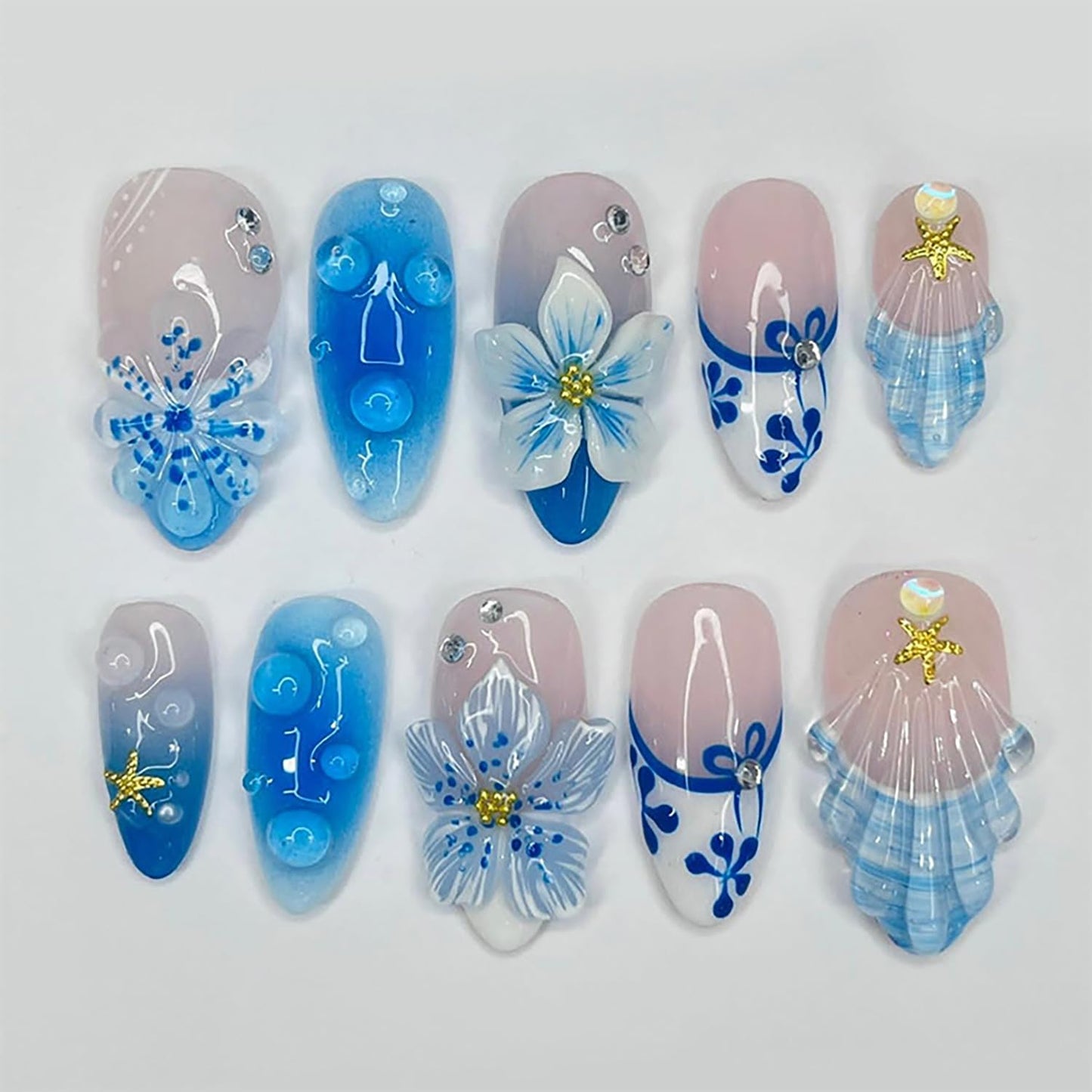 30Pcs 4th of July Press-On Nails - Medium Almond Patriotic Acrylic Nails | Red, Blue & White Designs