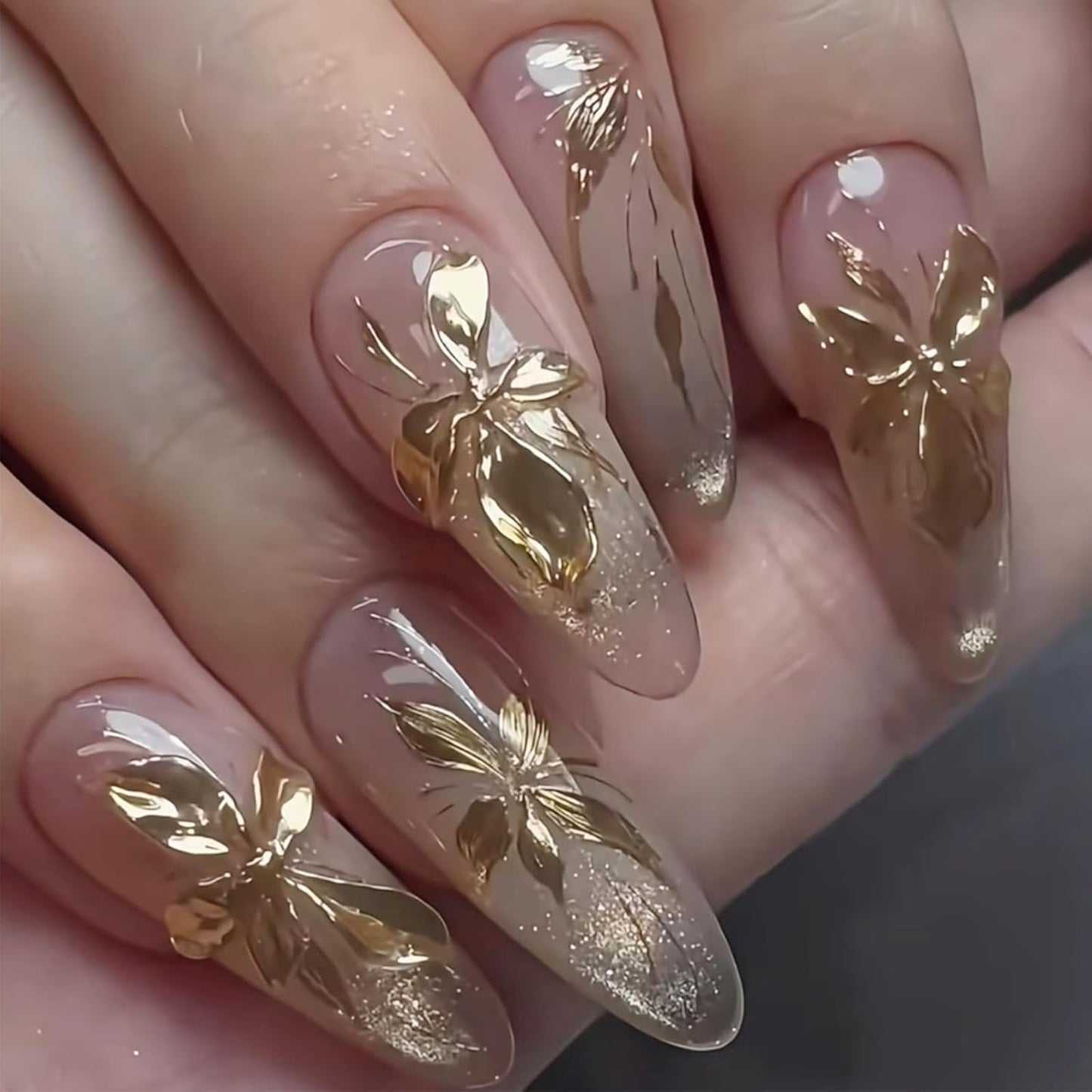 Medium Almond Press-On Nails - Floral 3D Design with Pearl Rhinestones | Blue & Pink Glossy Reusable 30 Pcs
