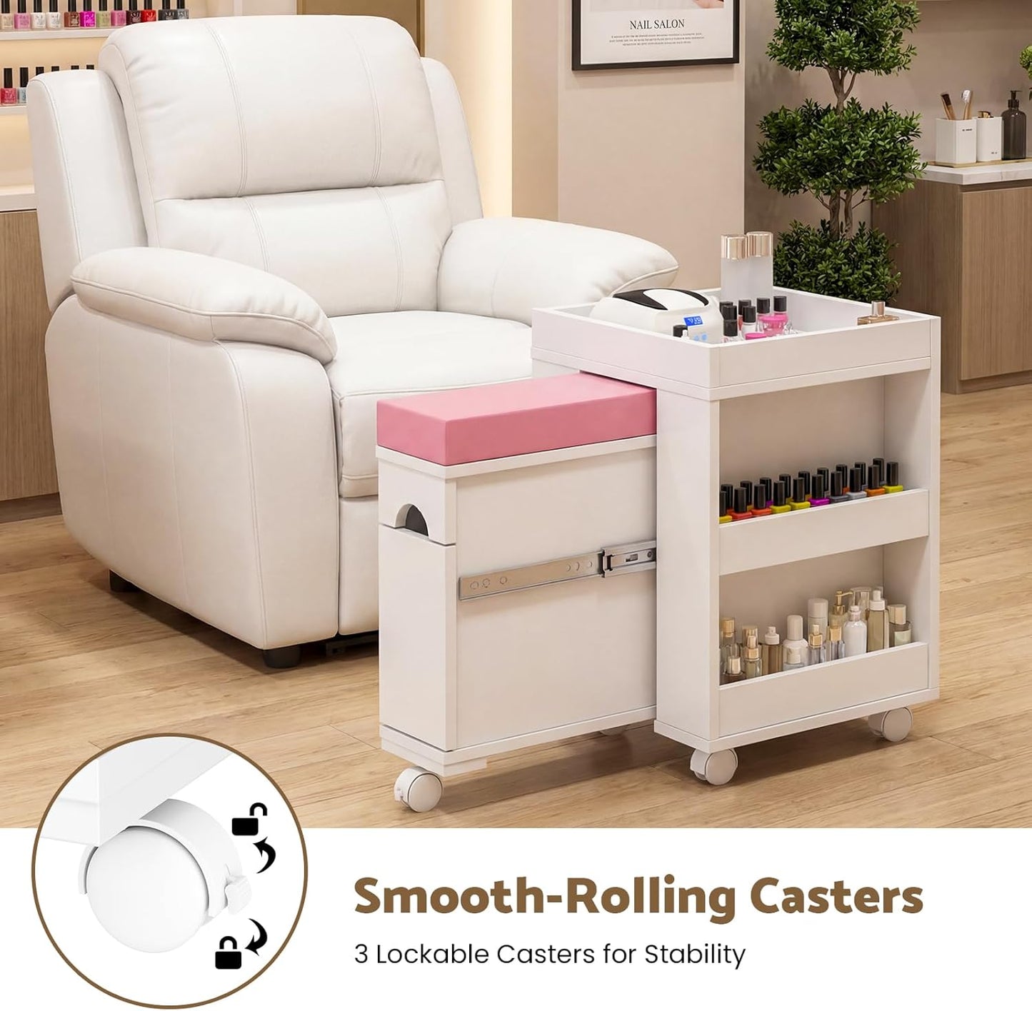 Pedicure Trolley Cart - Mobile Nail Tech Station with Foot Rest & Storage Shelves | 26.3" L