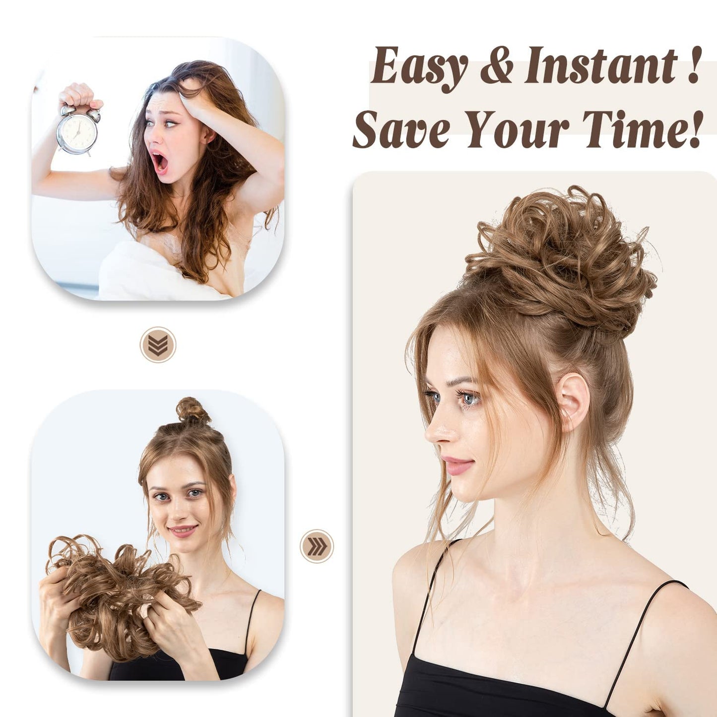 Large Messy Bun Hair Piece - Wavy Curly Synthetic Ponytail Extensions | Thick Updo in Pecan Blonde