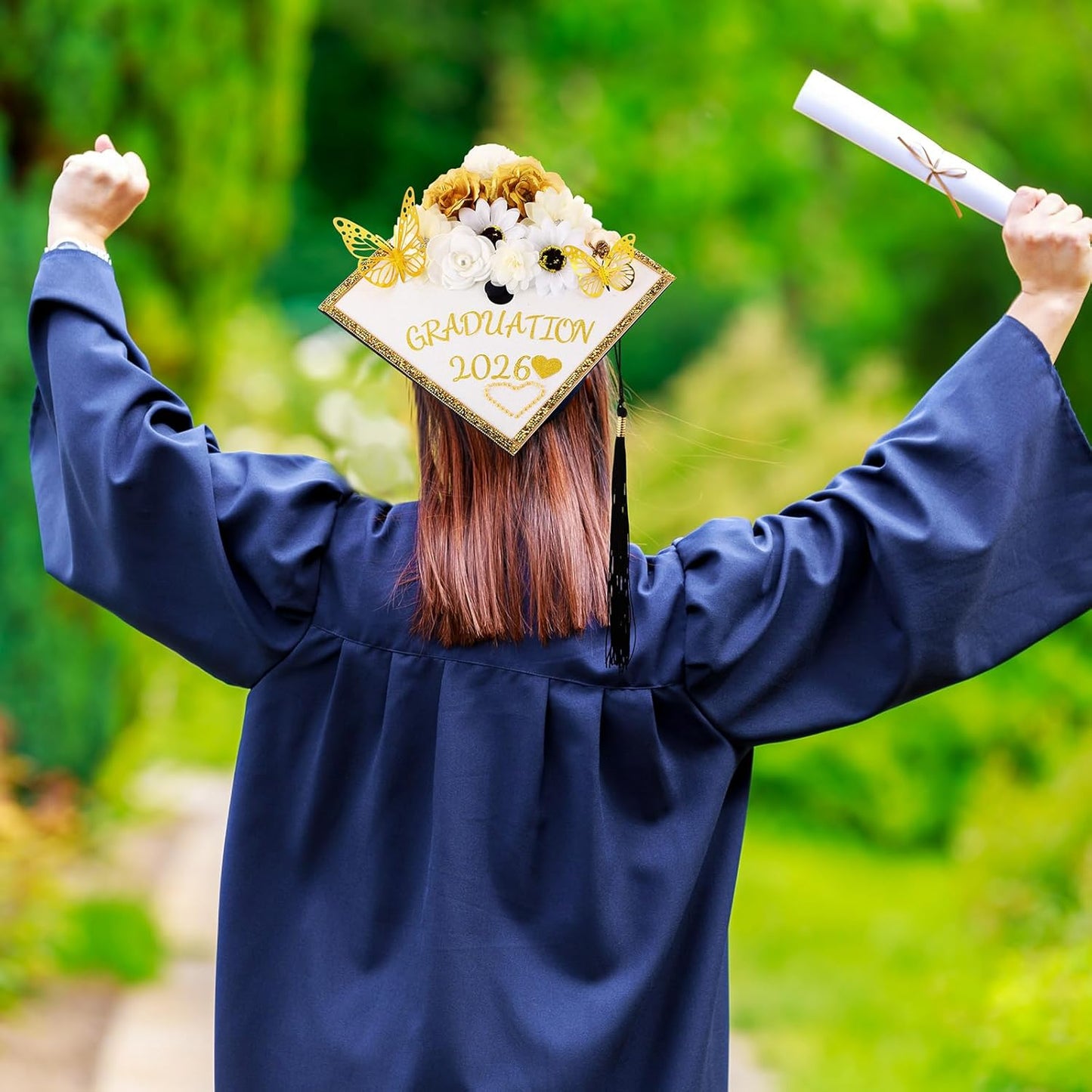 DIY Graduation Cap Decorations Kit - 43 PCS with Faux Flowers, 3D Butterflies & Rhinestone Stickers | Perfect for 2026 Grad Party (White)