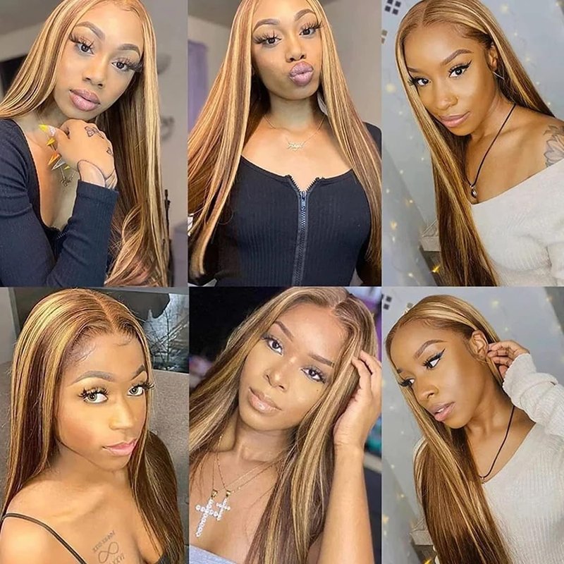 Blonde Human Hair Bundles P27/30 Straight Bundles 24 24 24 Inch Brazilian Virgin Soft and Silky Remy Hair Extensions 2 Tone Honey Blonde and Light Brown Bundle Double Weft Hair Weave