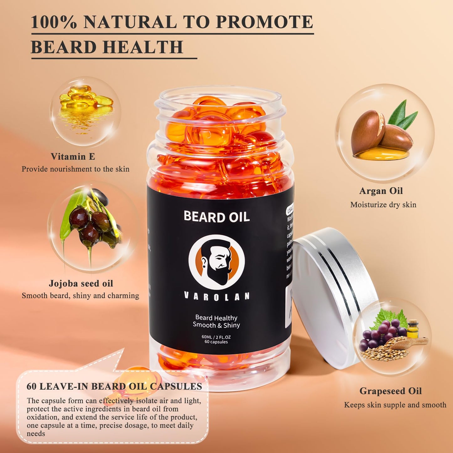 Varolan Mens Beard Oil Capsules,Natural Beard Oil for Men,Naturally Ingredients with Argan Oil,Grapeseed Oil,Jojoba Oil and Vitamin E for Softening and Moisturizing Beard (Cedarwood)