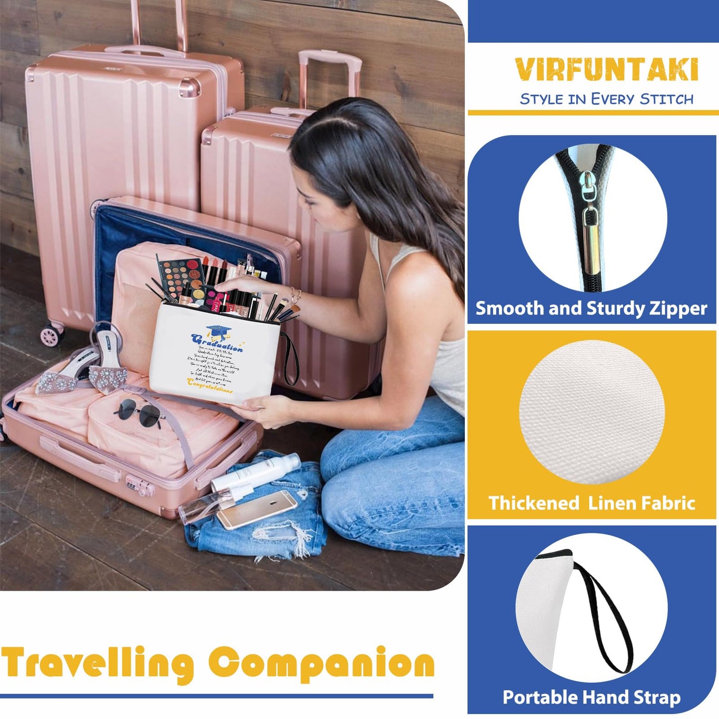 Virfuntaki Graduation Congratulation Gift for Her Class of 2026 Gifts to Friend Daughter Master PHD Degree Gift University College Grad Gifts Graduation Decorations Travel Vacation Makeup Bag Girl