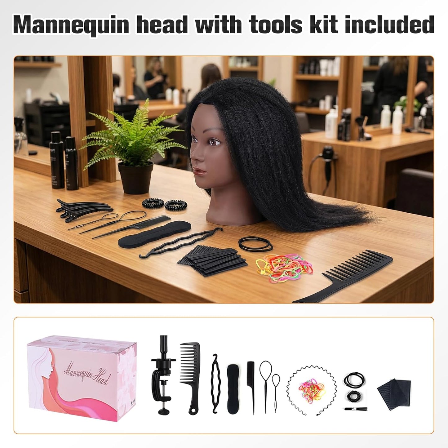 Mannequin Head - 100% Human Hair Cosmetology Training Doll for Hair Styling | 16-Inch with Clamp Holder (Black)