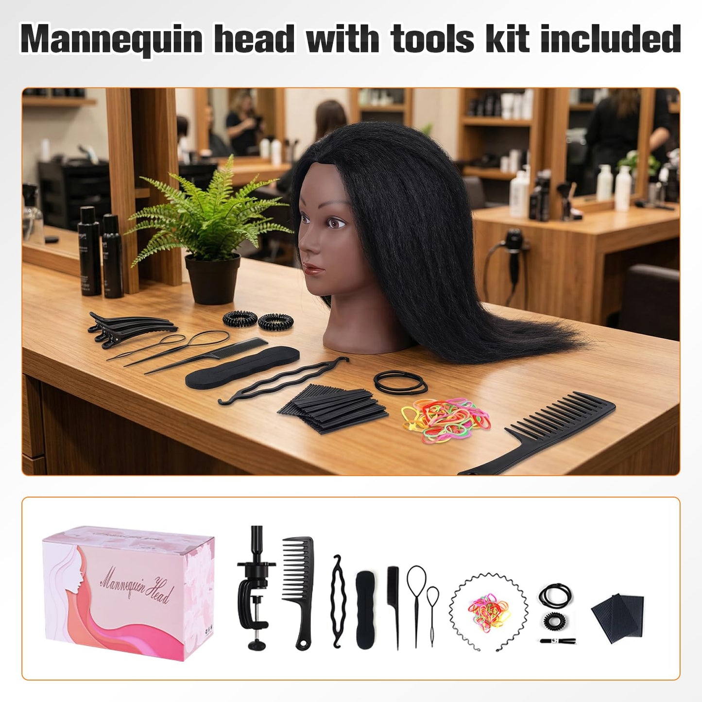 Mannequin Head with 100% Human Hair,TopDirect 16"Real Hair Cosmetology Mannequin Manikin Head Hair Styling Hairdressing Practice Training Doll Head with Clamp Holder and Tools (Black)