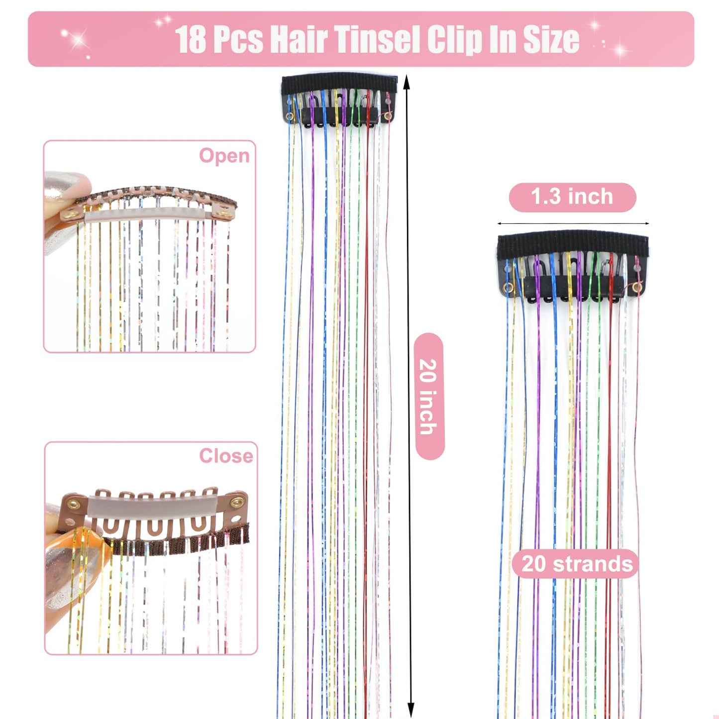 Aokomisu Hair Tinsel Clip in Pack of 18 Pcs Clip in Hair Tinsel Glitter Tinsel Hair Extensions 20 Inch Fairy Hair Clips Sparkling Hair Accessories for Girls Kids Women (Colorful-18 Pcs)