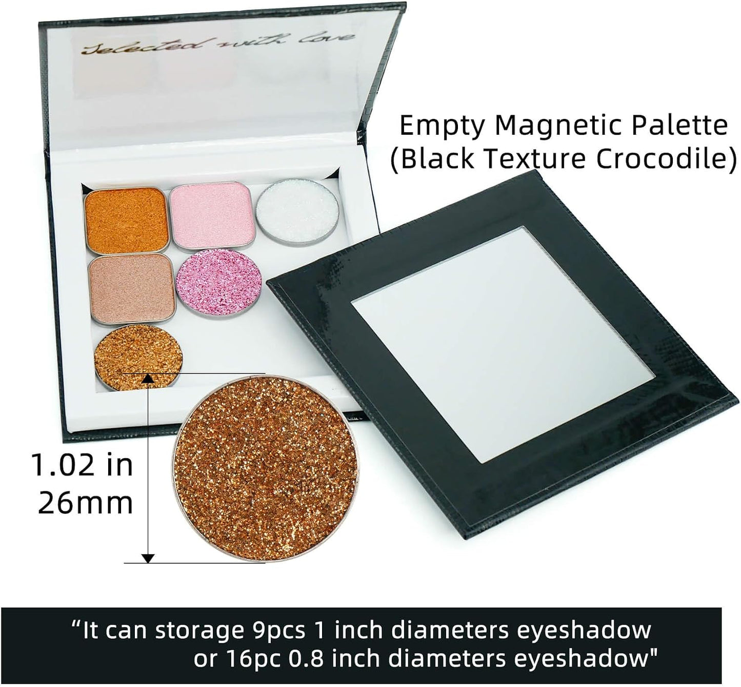 Magnetic Makeup Palette - Small Empty Cosmetic Organizer with Mirror & Spatula | Includes 20 Metal Stickers - Black
