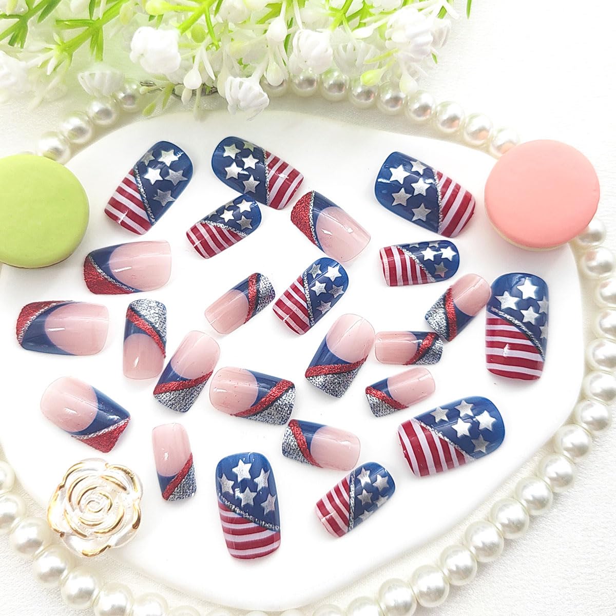 4th of July Short Press on Nails Square Red Blue French Tip Fake Nails Press ons Pink Full Cover False Nails White Star Glue on Nails Independence Day Artificial Stick on Nails
