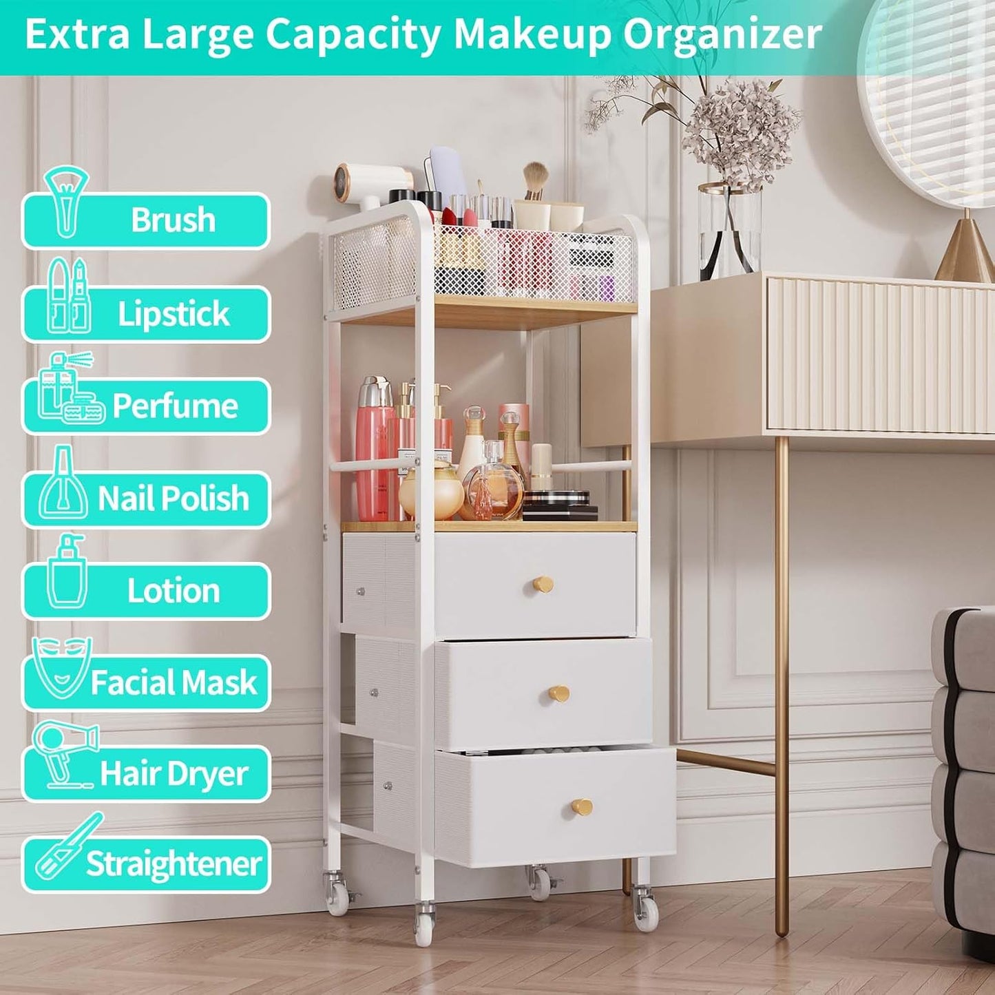 Rolling Makeup Cart Organizer - Skincare & Cosmetic Storage with 3 Fabric Drawers | Vanity Display Case for Beauty Tools