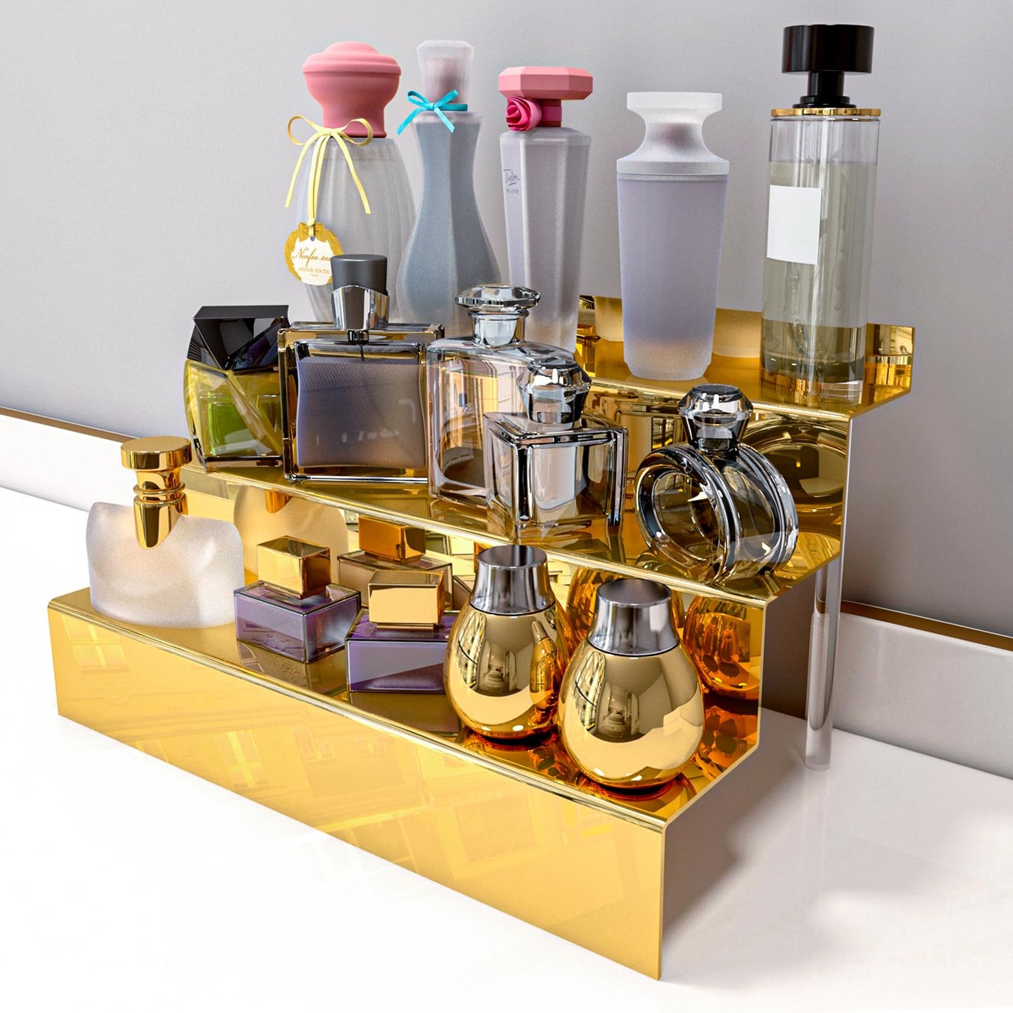 YMVV 12 IN Mirror Gold Acrylic 3 Tier Display Riser Perfume Organizer, Perfume Cologne Organizer Holder, Pops Toy Figures, Clear Cupcake Riser, Dessert Shelf