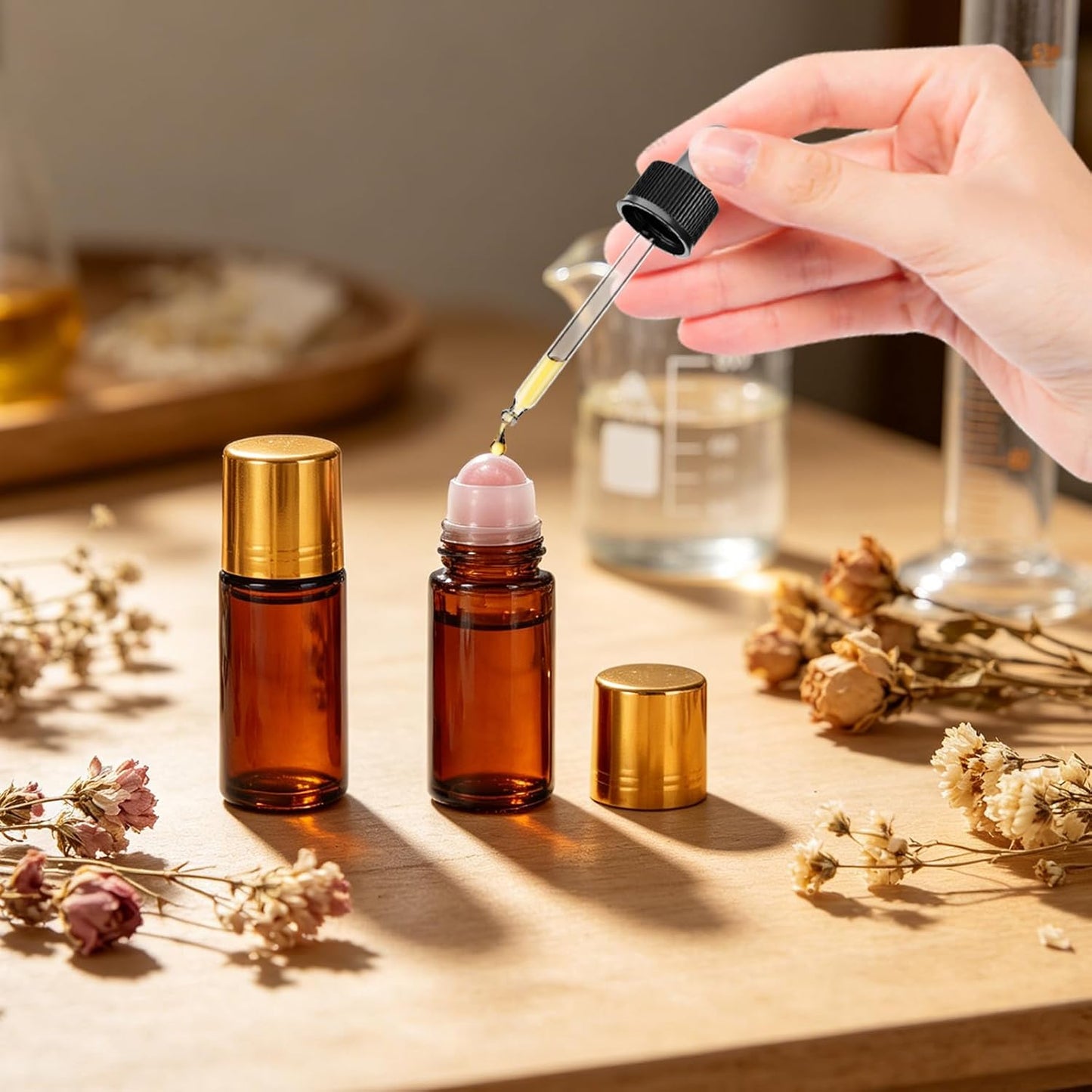 Amber Glass Roll-On Bottles for Essential Oils - 2 Pack 1.7oz Refillable Applicators with Rose Quartz Roller Ball | Leak-Proof Aromatherapy Containers