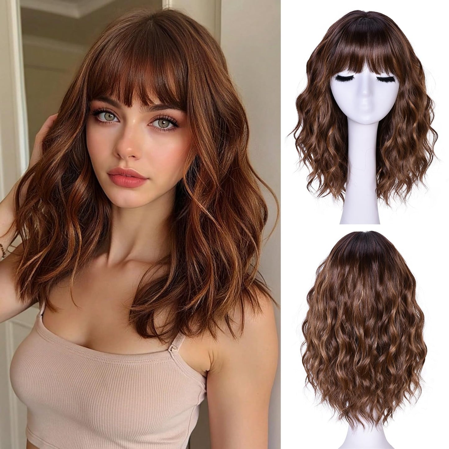Short Wavy Wig with Bangs - Natural Curly Synthetic Hair for Daily Wear | 14-Inch Brown Highlight