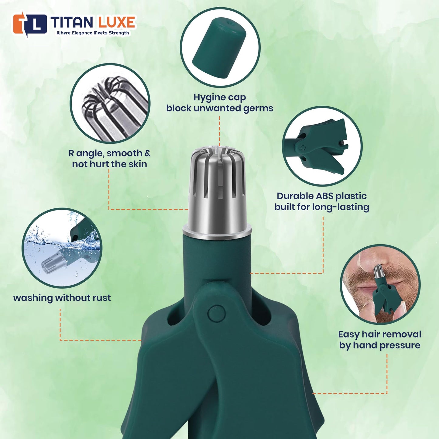 Titan Luxe Stainless Steel Hair Trimmer for Men and Women | Manual Nose and Ear Hair Trimmer | Nose Clippers, 360° Rotating Hair Trimmers | Washable Nose Hair Remover | Green