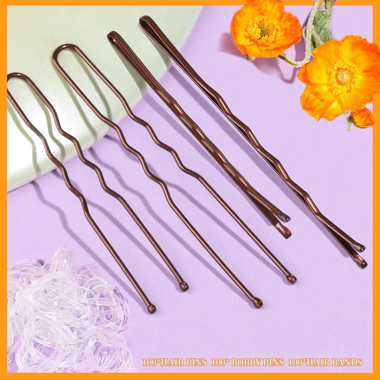 Bobby Pins Hair Pins Kit - 300pcs Brown Hair Accessories for Women | 100 Hair Bands, 2-2.75 Inch Sizes