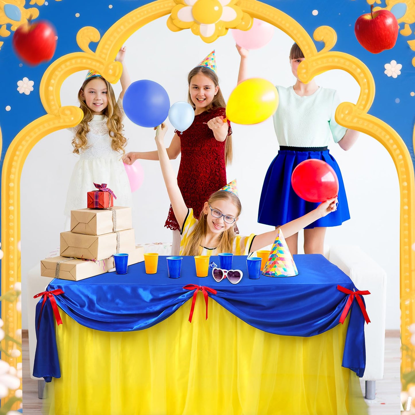 Windkream Princess Snow Party Tablecloth Blue and Yellow Tulle Table Skirt 30 x 108 Inch Snow Princess Tables Cover for Birthday Party Decor Supplies
