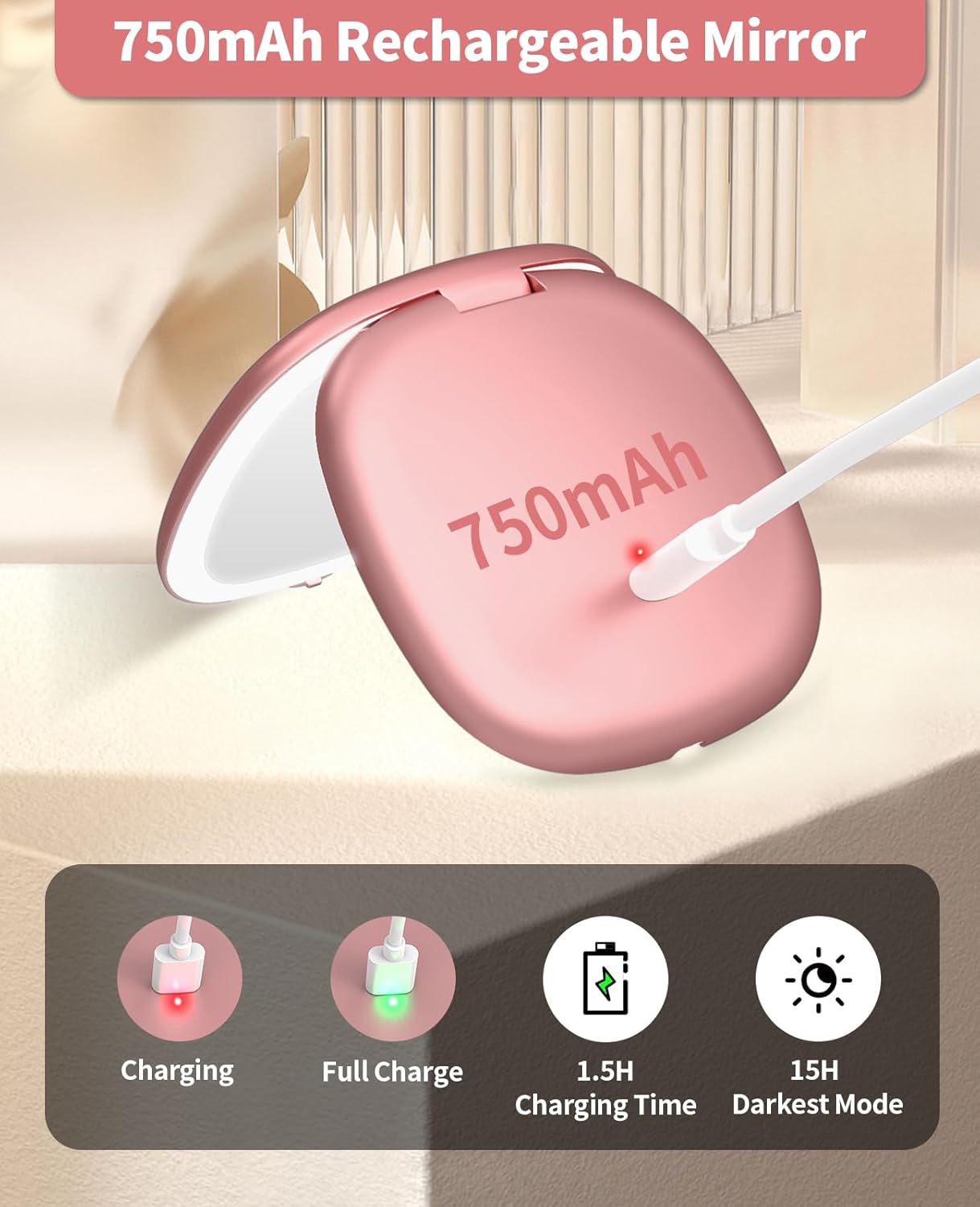 Rechargeable Lighted Travel Makeup Mirror - 1x/10x Compact Magnifying | Portable 4-Inch Rose Gold