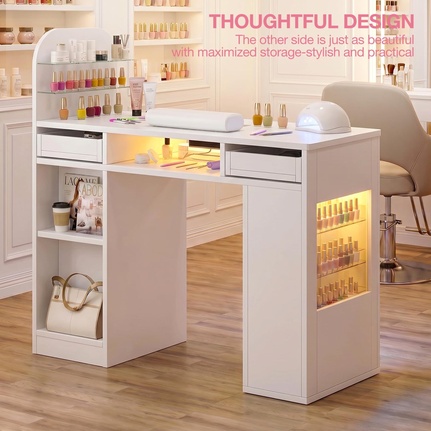 TTGIEET Manicure Table for Nail Tech w/LED Light Display Cabinet，Professional Nail Tech Desk with Storage Cabinet & Drawer, Dust Collector, Wrist Rest, Acetone-Resistant, for Beauty Salon, Spa & Home