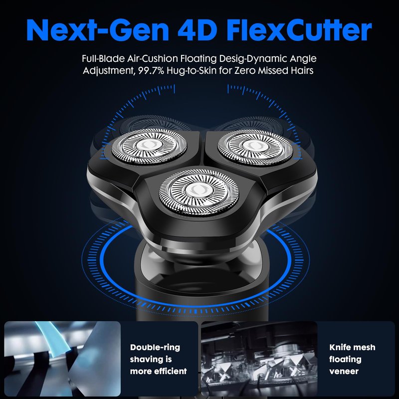 Black Electric Razor for Men with 3-Blade Rotary System, Touch Switch, LED Display, Travel Lock