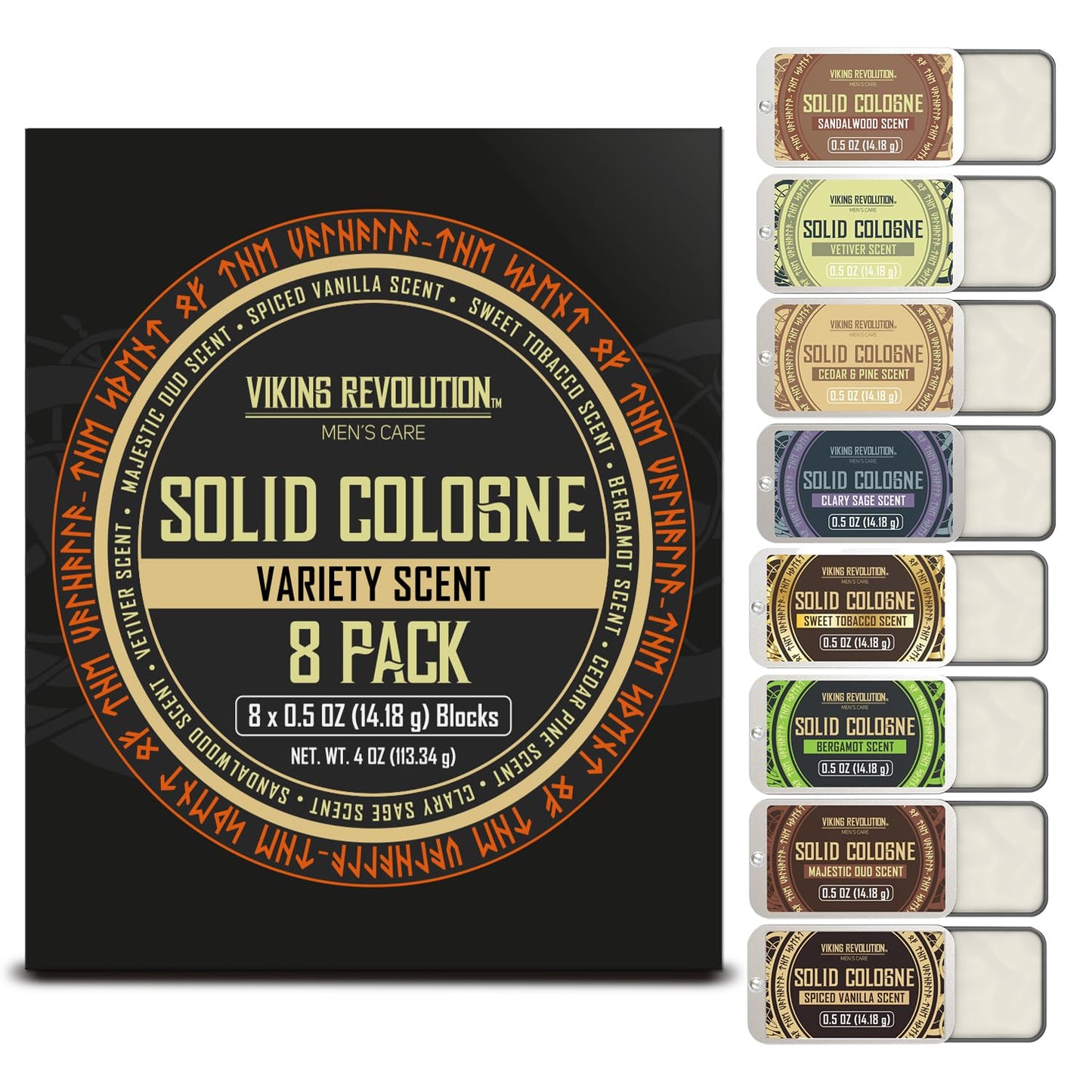 Viking Revolution Solid Cologne Gift Set for Men - 8 Travel Size Scents Including Sandalwood & Cedar Pine | 0.5 Oz Each