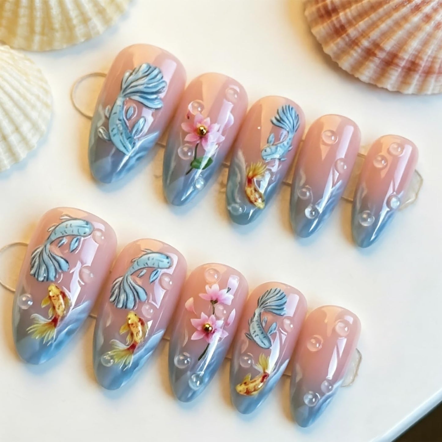 French Tip Press-On Nails - 30pcs Medium Almond Acrylic with 3D Flower & Pearl Design | Reusable Summer Nail Art