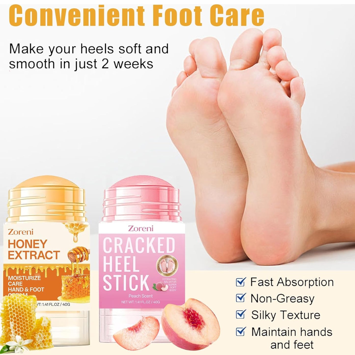 Hydrating Foot Cream - Anti-Cracking Cracked Heel Stick | 2pcs Peach & Honey for Dry Feet