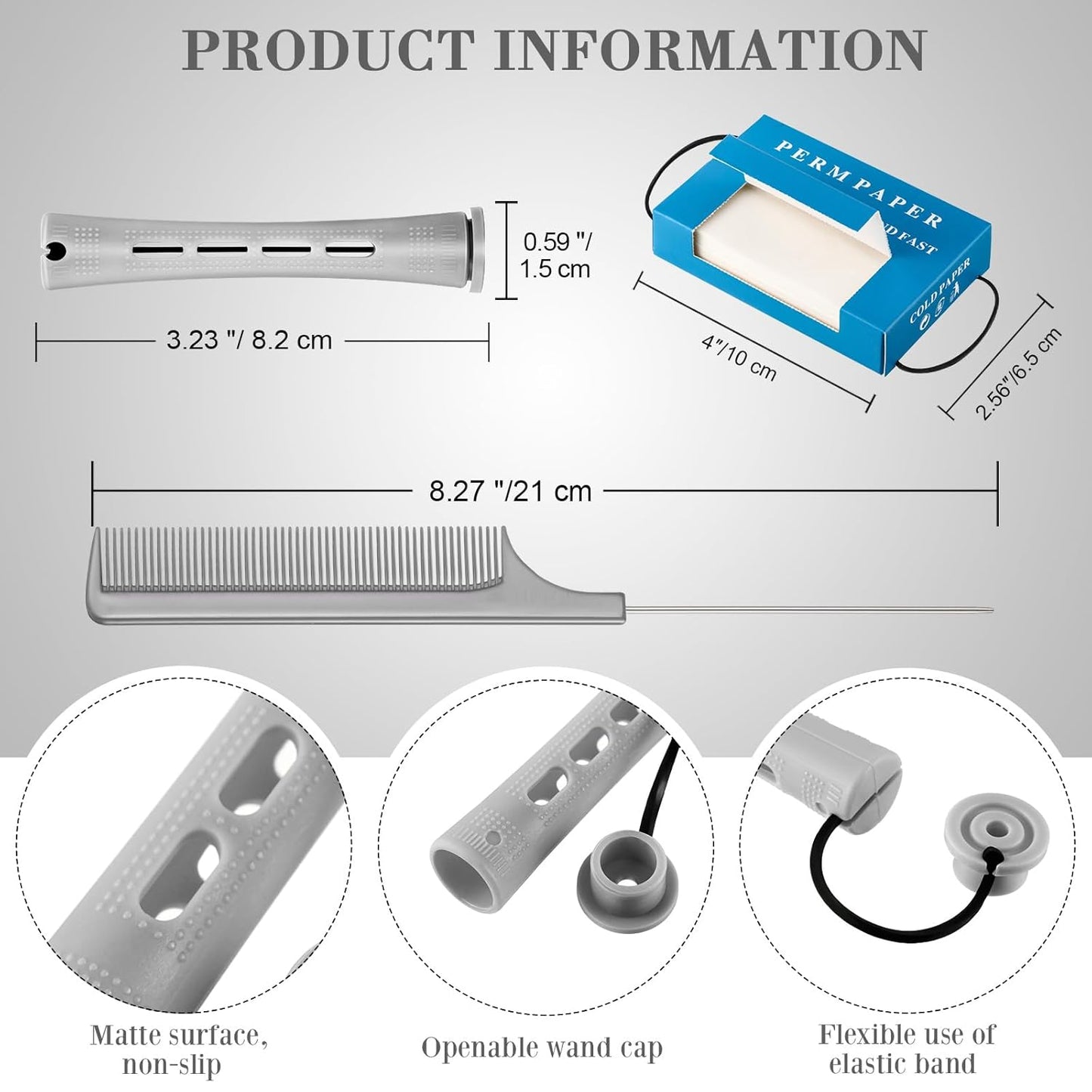 Hair Styling Kit - 48 Plastic Perm Rods, 2 Steel Pintail Combs, 350 Perm Papers, 6 Duck Bill Clips | Gray