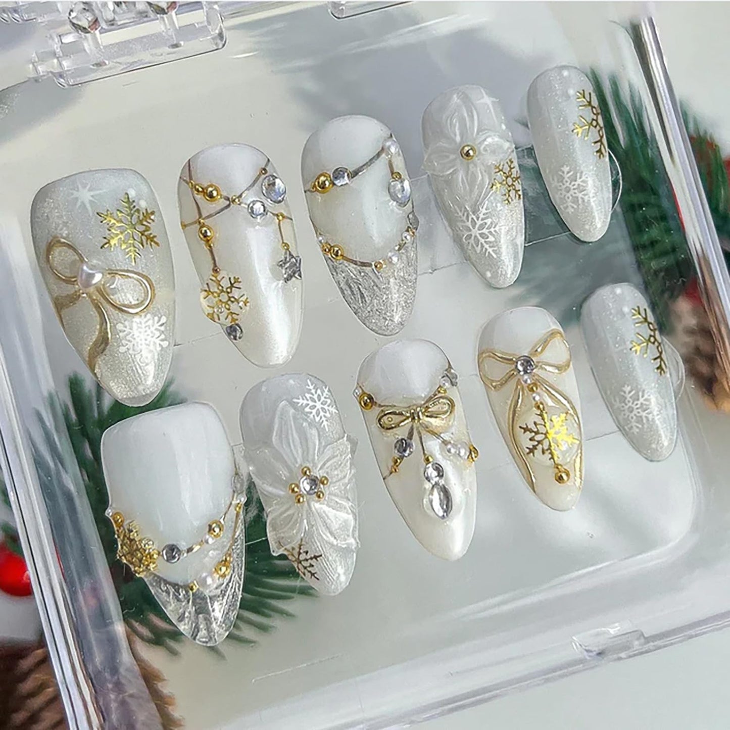 Christmas Press-On Nails - 24Pcs Short Almond Acrylic Set with Holly & Bow Designs | Winter White French Tips