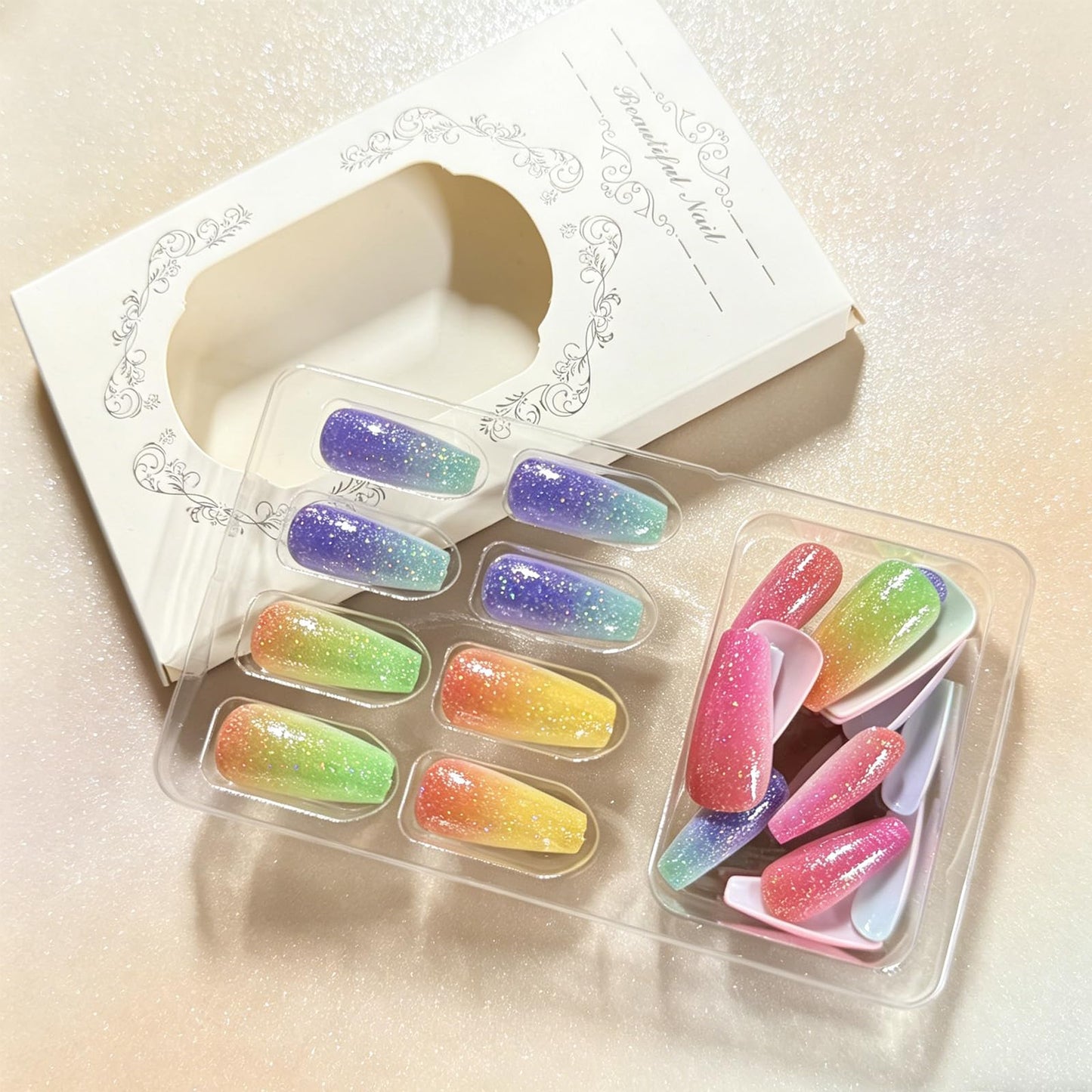 Rainbow Ombre Press on Nails Medium Coffin Fake Nails Colorful Gradient False Nails with Glitter Designs, 24Pcs Glossy Reusable Full Cover Stick on Nails for Women Summer Manicure