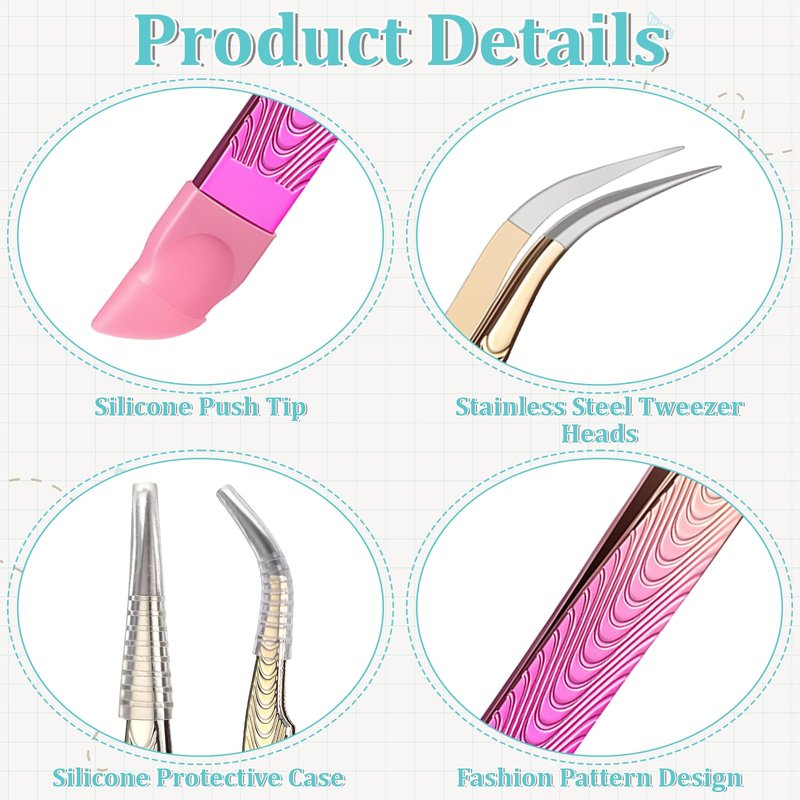 2PCS Crystal Pink Nail Tweezer, Double Ended Sticker Tweezers with Silicone Pressing Head for Craft, Precision Rhinestone Picker Tool for Jewelry Eyelash Nail Art, Curved Tip Tweezers Kit