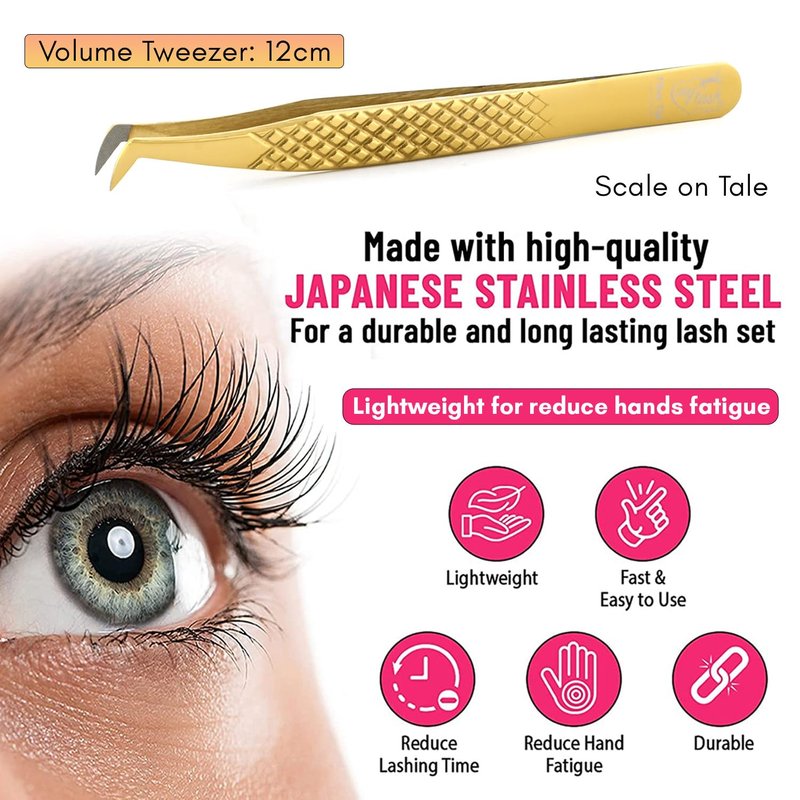 Mega Volume Fiber Grip Lash Tweezer – Boot Tip, Diamond Grip, Professional Stainless Steel, Precision Lash Extension Tool for Volume Fans, Classic, and Mega Volume Eyelash Extensions (Gold)
