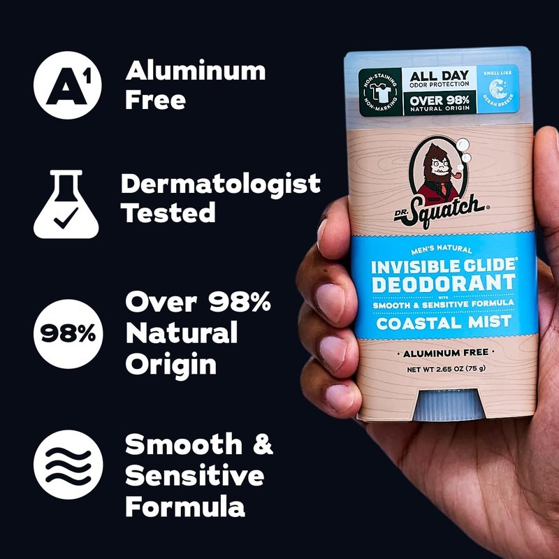 Dr. Squatch Invisible Glide Natural Men’s Deodorant – Smooth Glide, No Stains – Aluminum Free Deodorant Men – Safe for Sensitive Skin – Coastal Mist + Summer Citrus, 2.65oz (2-Pack)