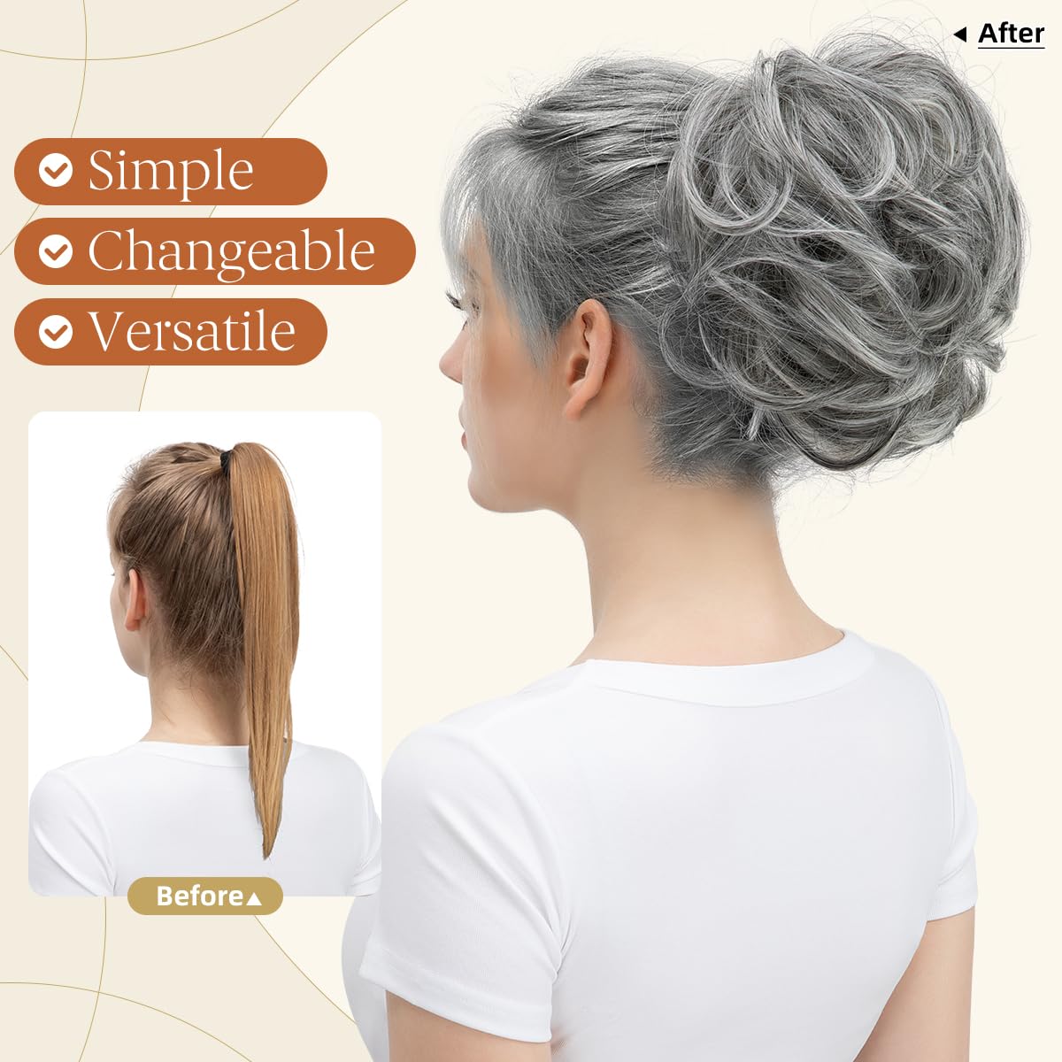 youngways Claw Clip Short Ponytail Messy Bun Hair Piece Bendable Hair Branch Extensions Fluffy Wavy Curly Synthetic Versatile Dark Grey Hairpieces