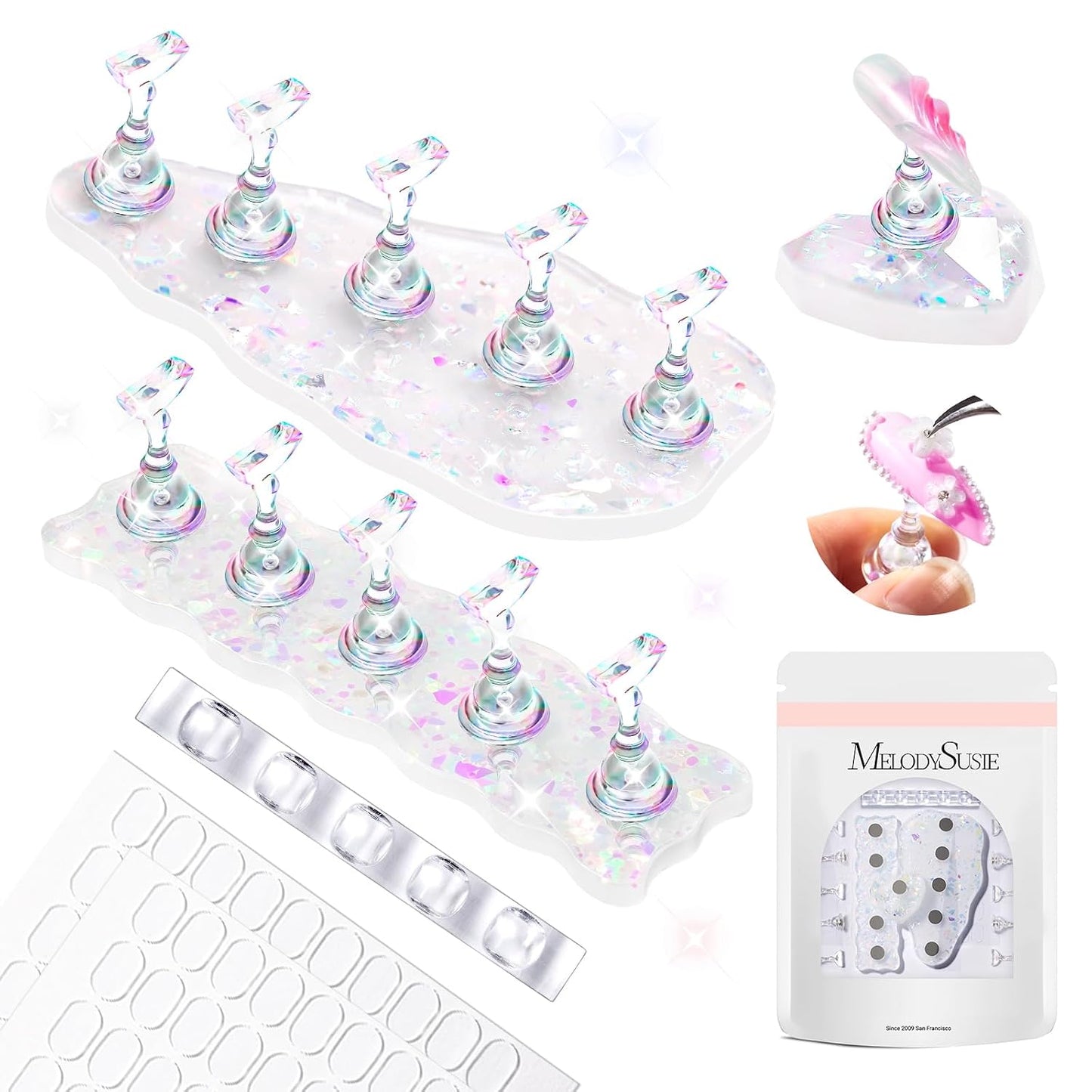 MelodySusie Nail Stand - White Shiny Acrylic Display with Brush Holder & 100 Reusable Double-Sided Tapes | Perfect for DIY Nail Art