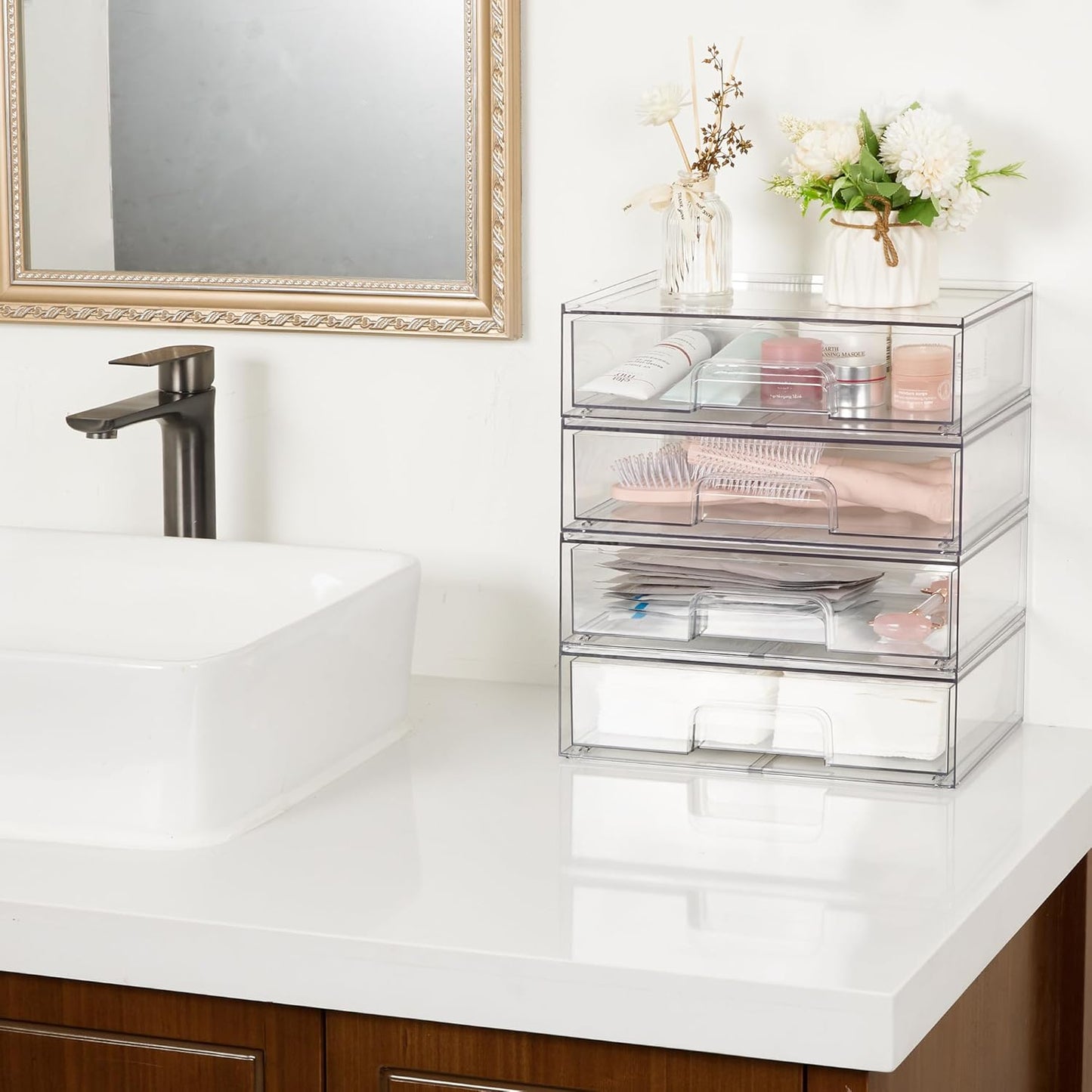 Clear Stackable Storage Drawers - 12.1''W Acrylic Organizers for Makeup, Cosmetics & Beauty Supplies | 2 Pack