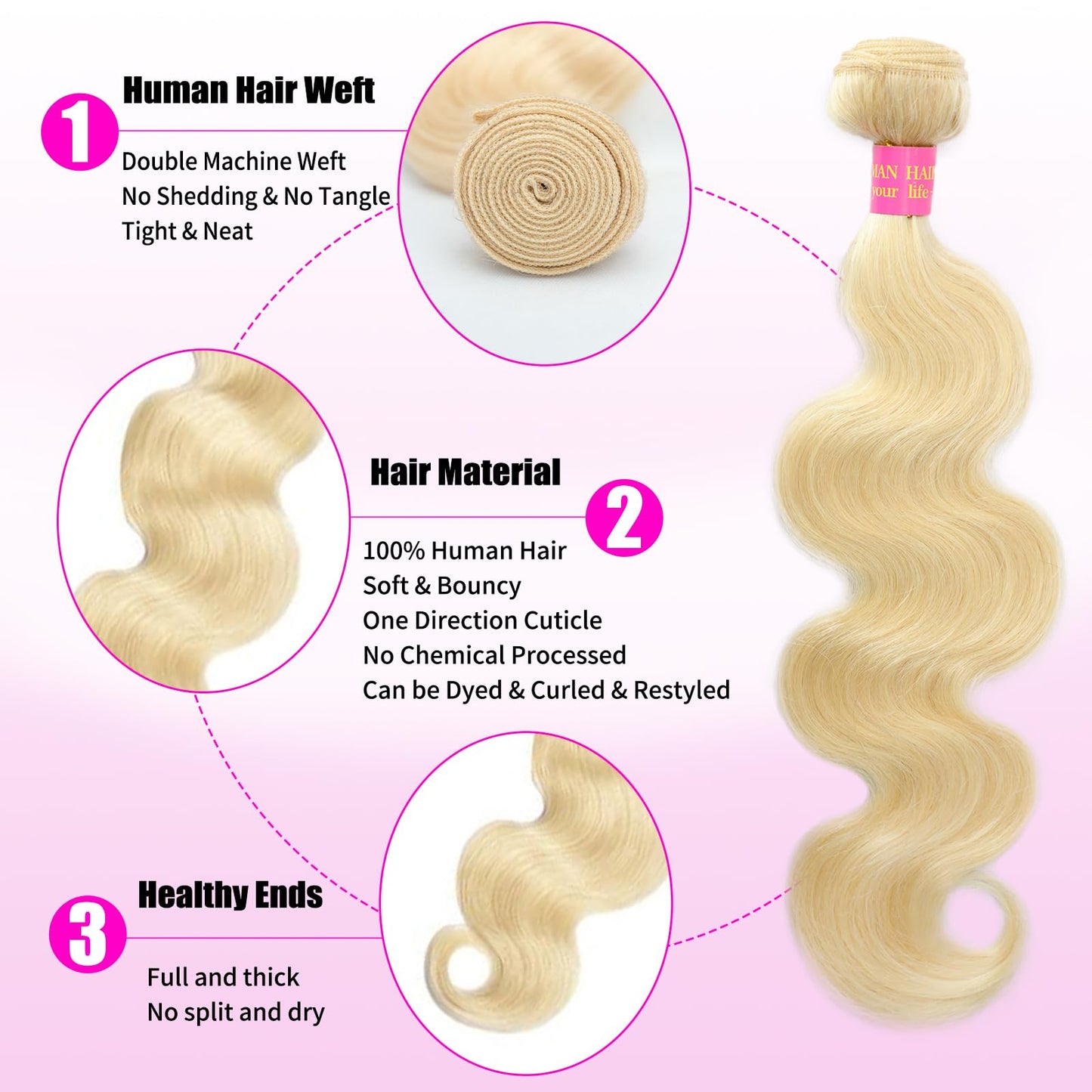 14Inch Blonde Bundles Human Hair 613 Body Wave Bundles Human Hair Extensions,100% Real 14A Brazilian Virgin Raw Easy to Dye No Synthetic Blend No Tangle No Shedding 3X-Lifespan