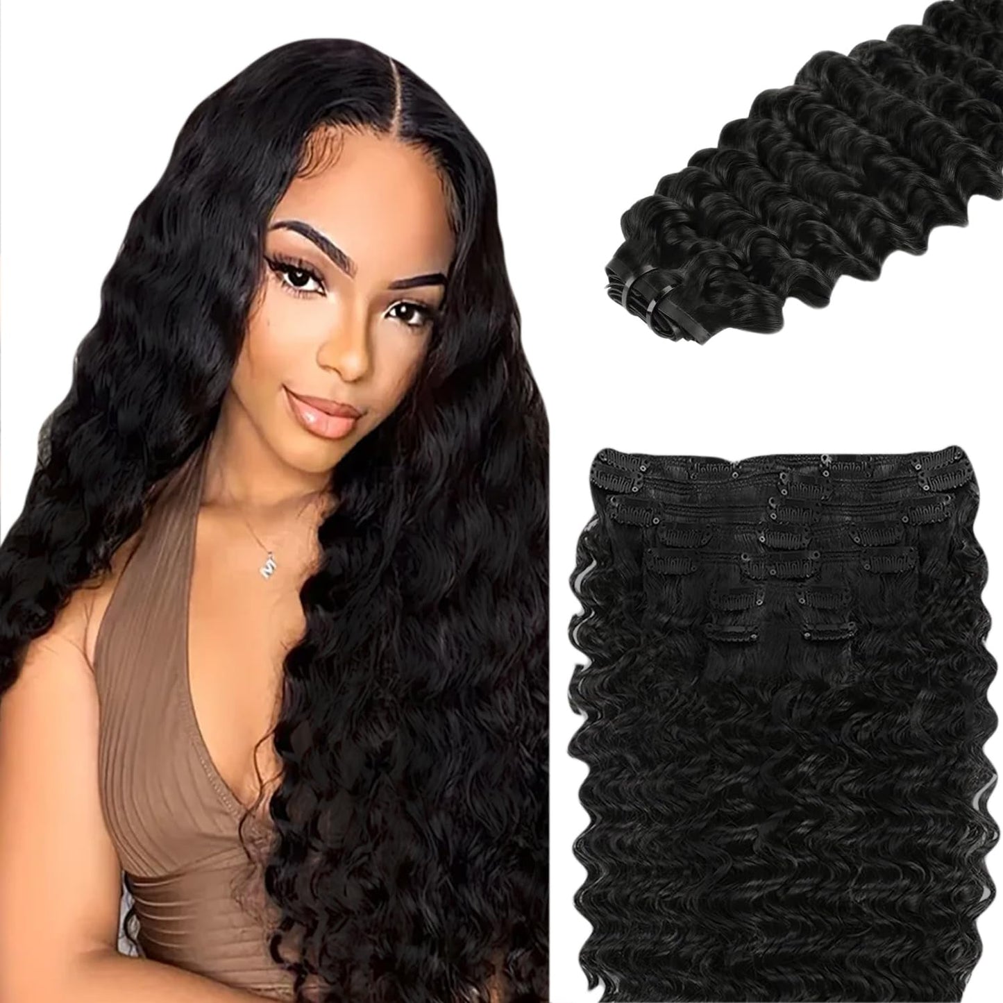 Deep Wave Clip ins Human Hair, 30 Inch 120g/7Pcs,Full Shine Black Human Hair,Natural Black Clip ins Brazilian Virgin Hair #1B Deep Wave Clip in Hair Extensions