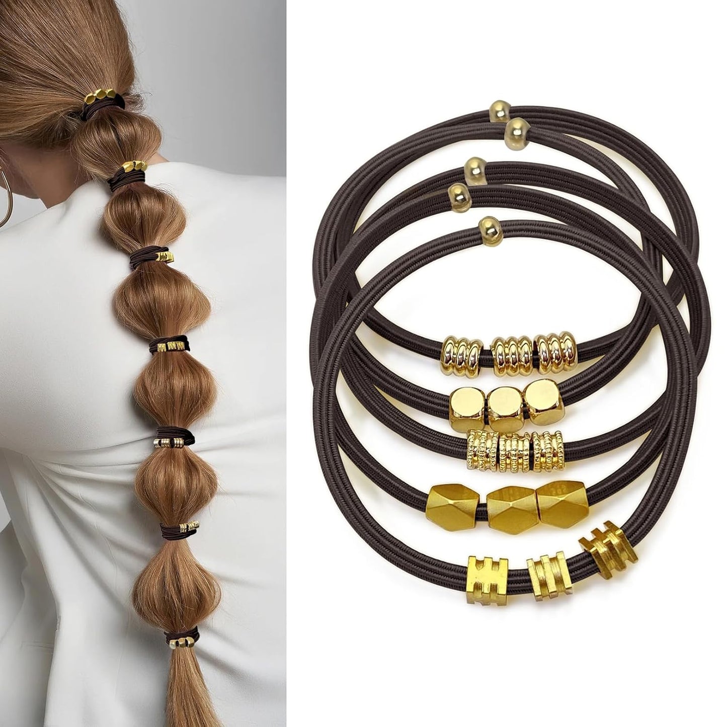 Blonde Boho Hair Ties Bracelet - Trendy Elastic Ponytail Holders with Gold Bead | Ideal for Thick, Thin, Curly Hair (Beige)